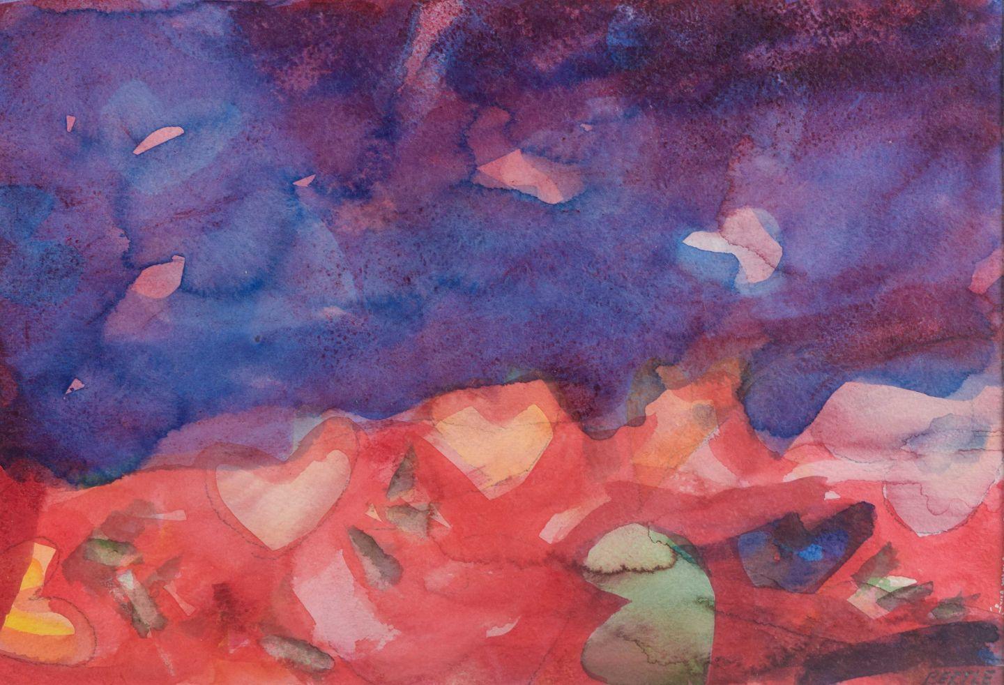 Lars Bertle. Watercolour on paper. Abstract composition in red and violet tones.