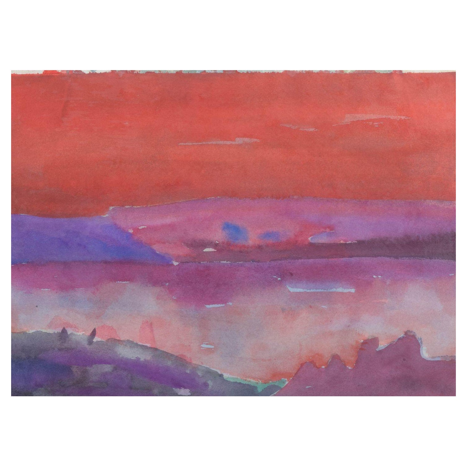 Lars Bertle. Watercolour on paper. Abstract landscape in red and violet tones en venta