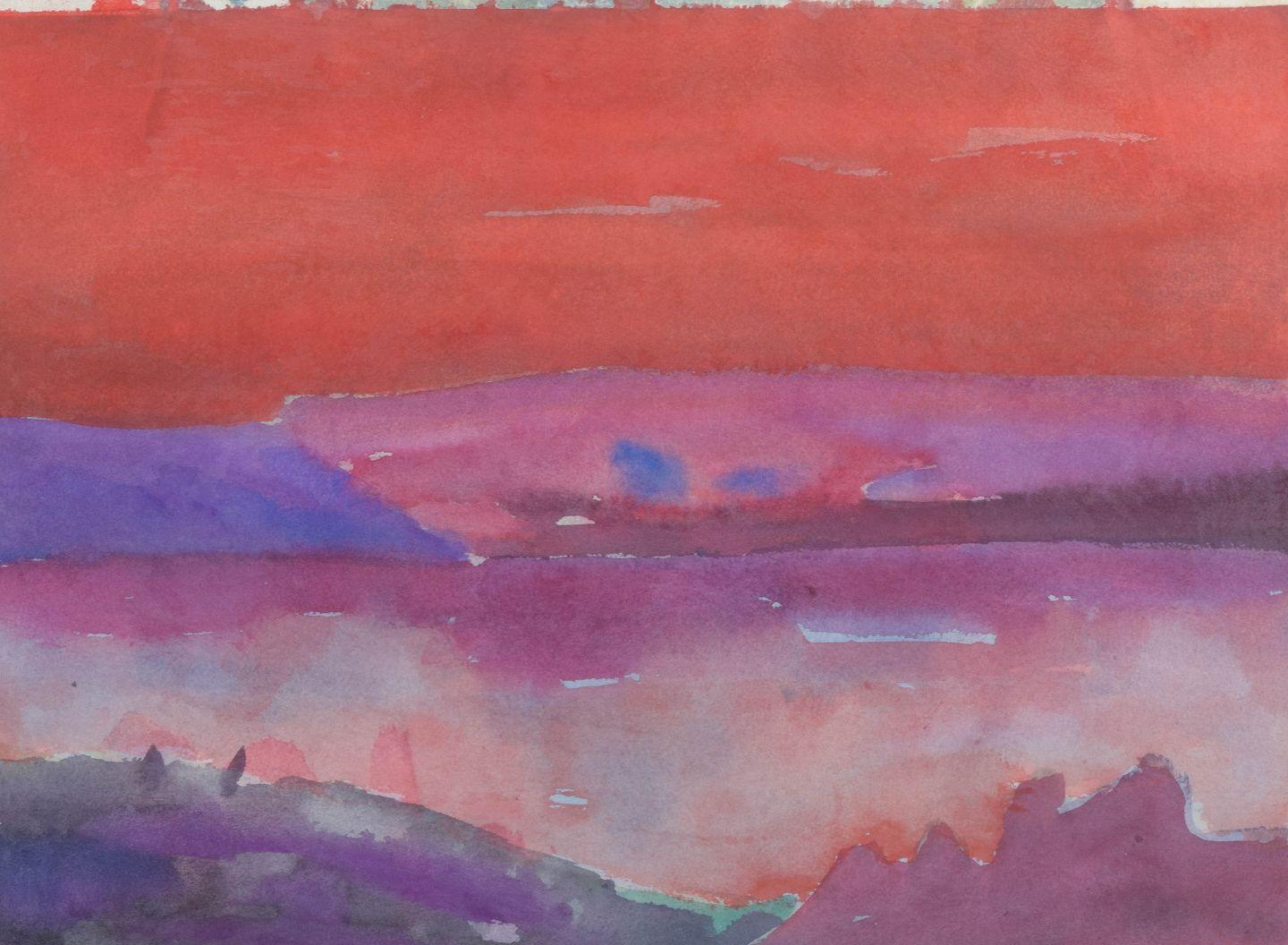 Lars Bertle. Watercolour on paper. Abstract landscape in red and violet tones