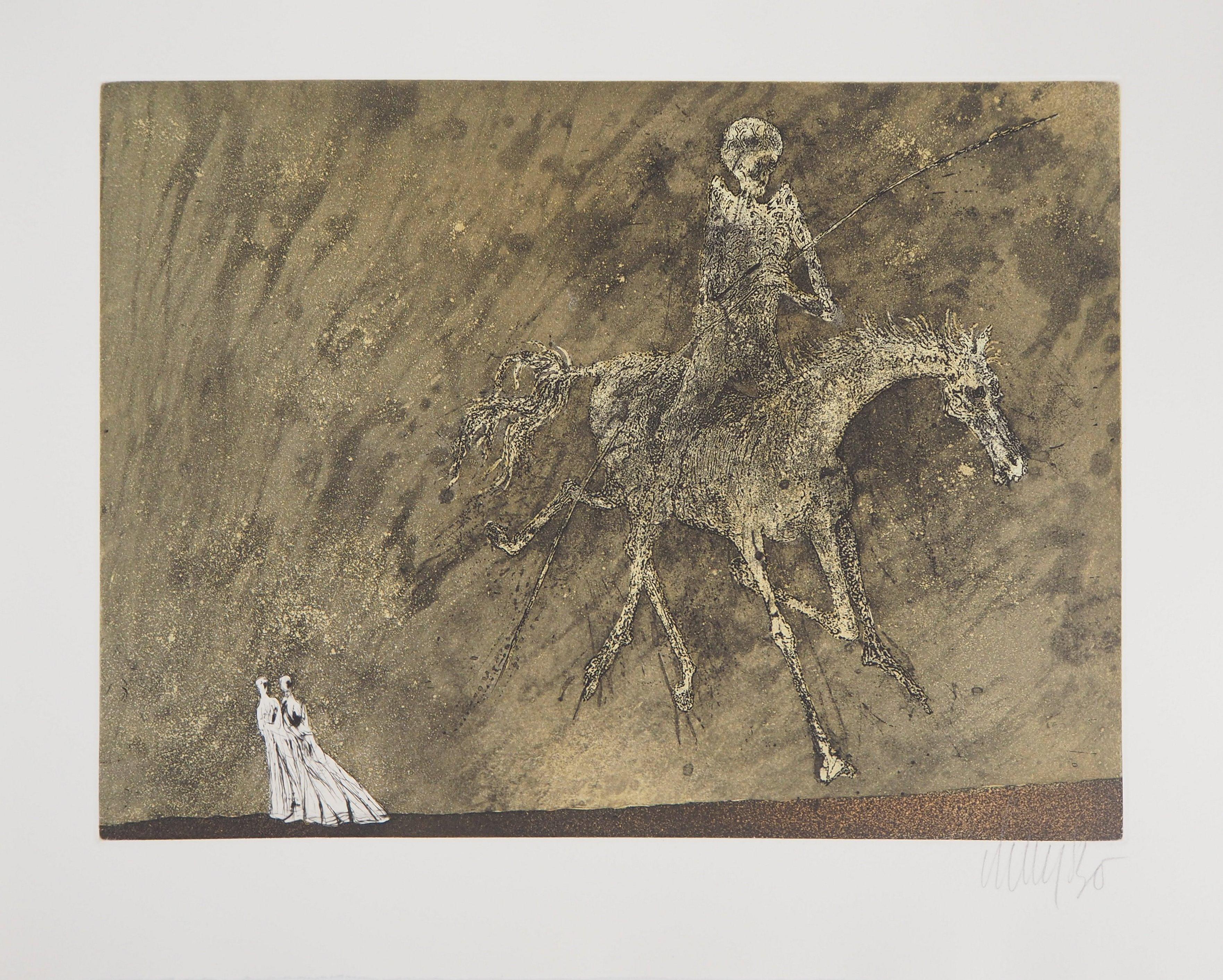 Oneiric Horserider, 1975 - Original Handsigned Etching - Brown Figurative Print by Lars Bo