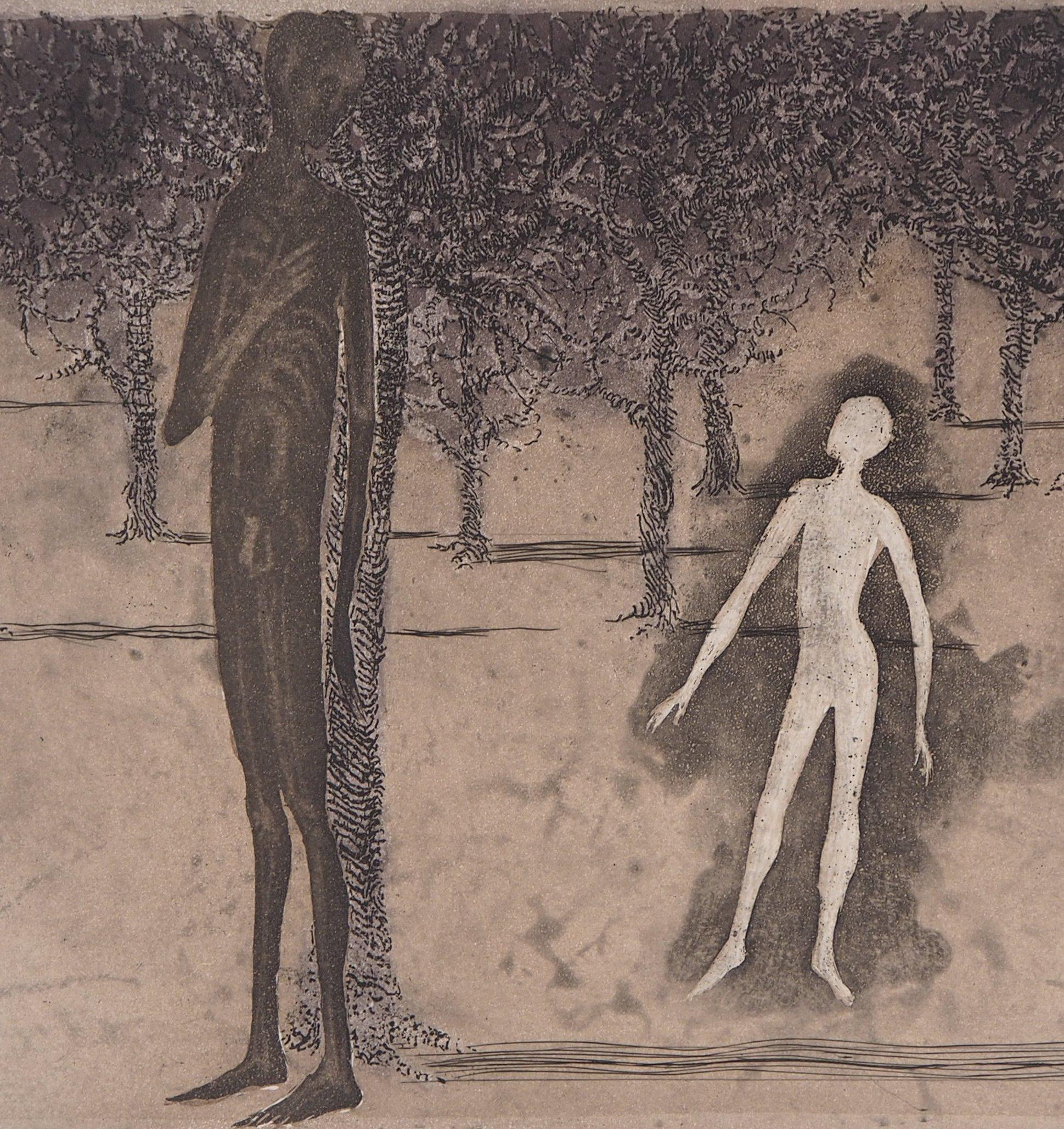 Surrealist encounter, 1975 - Original Handsigned Etching - Brown Figurative Print by Lars Bo