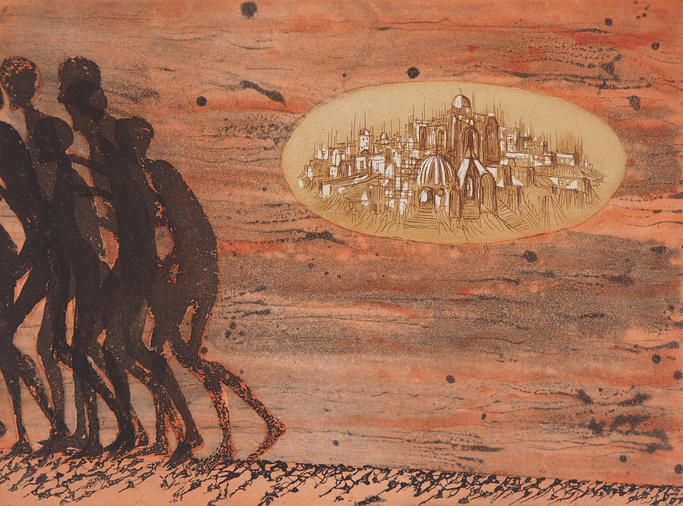 « The Abandoned Village », 1975, gravure originale signée à la main - Surréalisme Print par Lars Bo