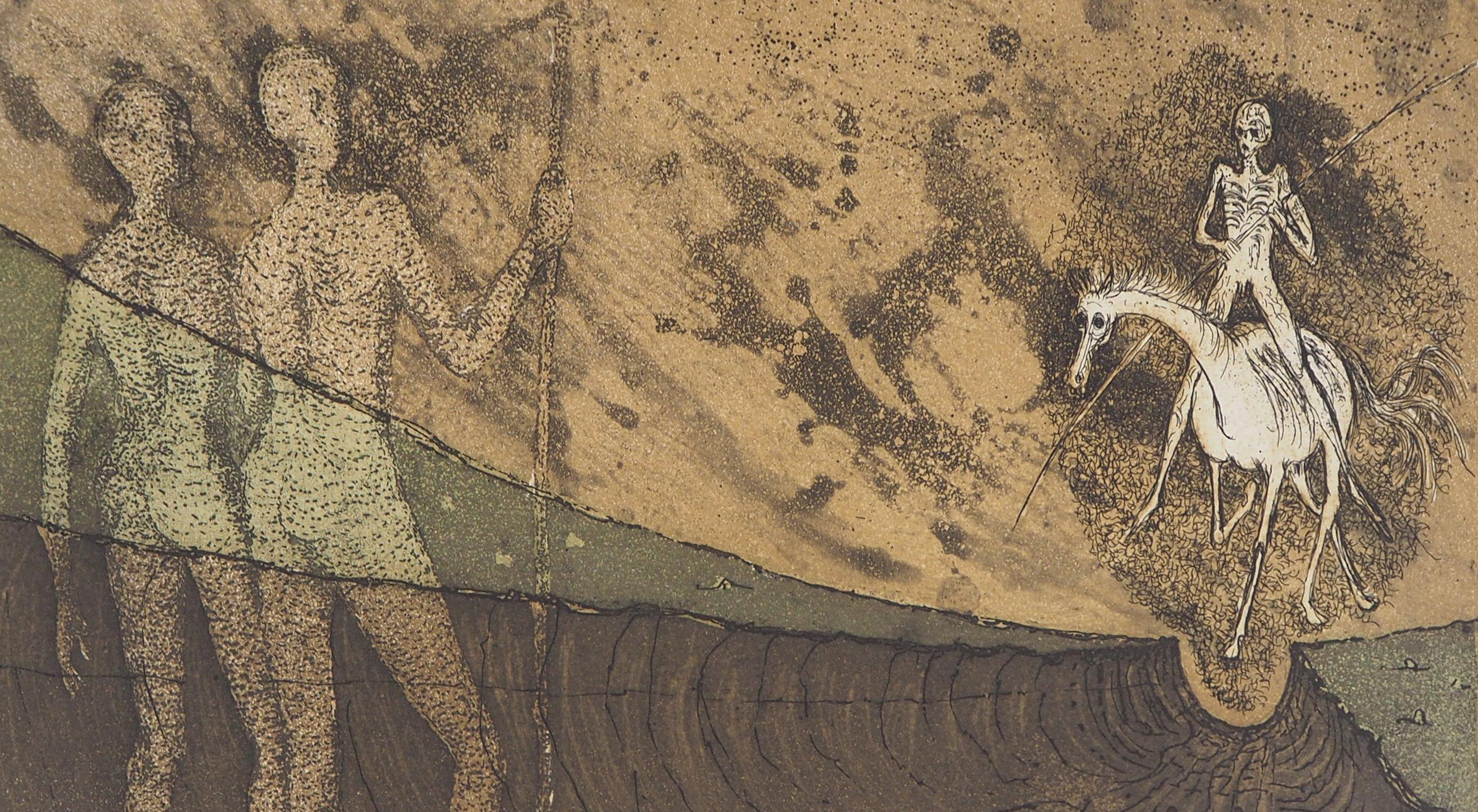 Lars BO
Die Ankunft des Reiters (Le Rêve de Jean Valjean 5/8), 1975

Original-Radierung
Handsigniert mit Bleistift
Auf Pergament, 36 x 45 cm (ca. 14,1 x 17,7 Zoll)
Auflage limitiert auf 100 nicht nummerierte Exemplare

INFORMATIONEN :  Diese