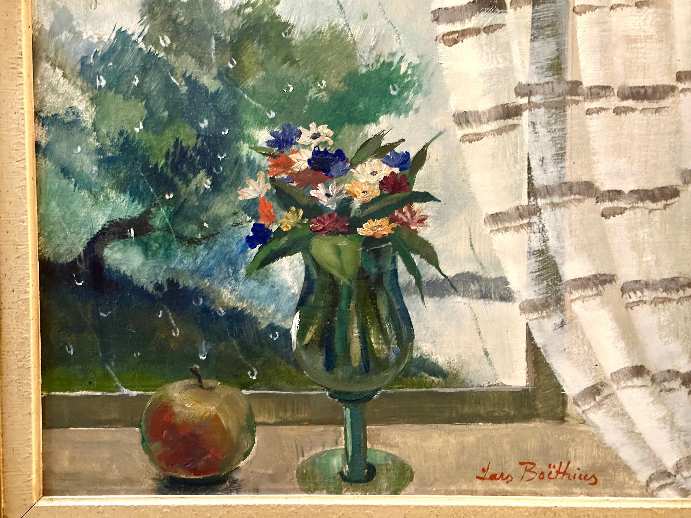Mid century Swedish Impressionist still life of flowers in an interior - Painting by Lars Boëthius