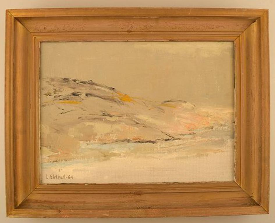 Lars Eklind, born 1932. Swedish artist. Oil on canvas. Modernist landscape.
Signed.
In very good condition.
The canvas measures: 38 cm x 28 cm. The frame measures: 6 cm.