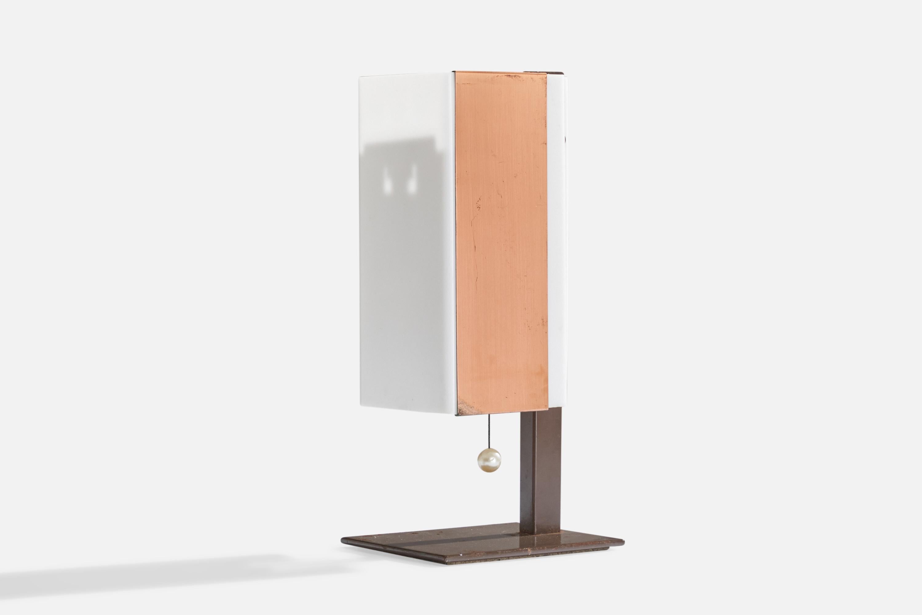 A brown-lacquered metal, white acrylic and copper table lamp designed by Lars-Gunnar Nordström and produced by Metallimestarit, Finland, 1970s.

Overall Dimensions (inches): 14.75” H x 4.75” W x 6.25” D
Stated dimensions include shade.
Bulb