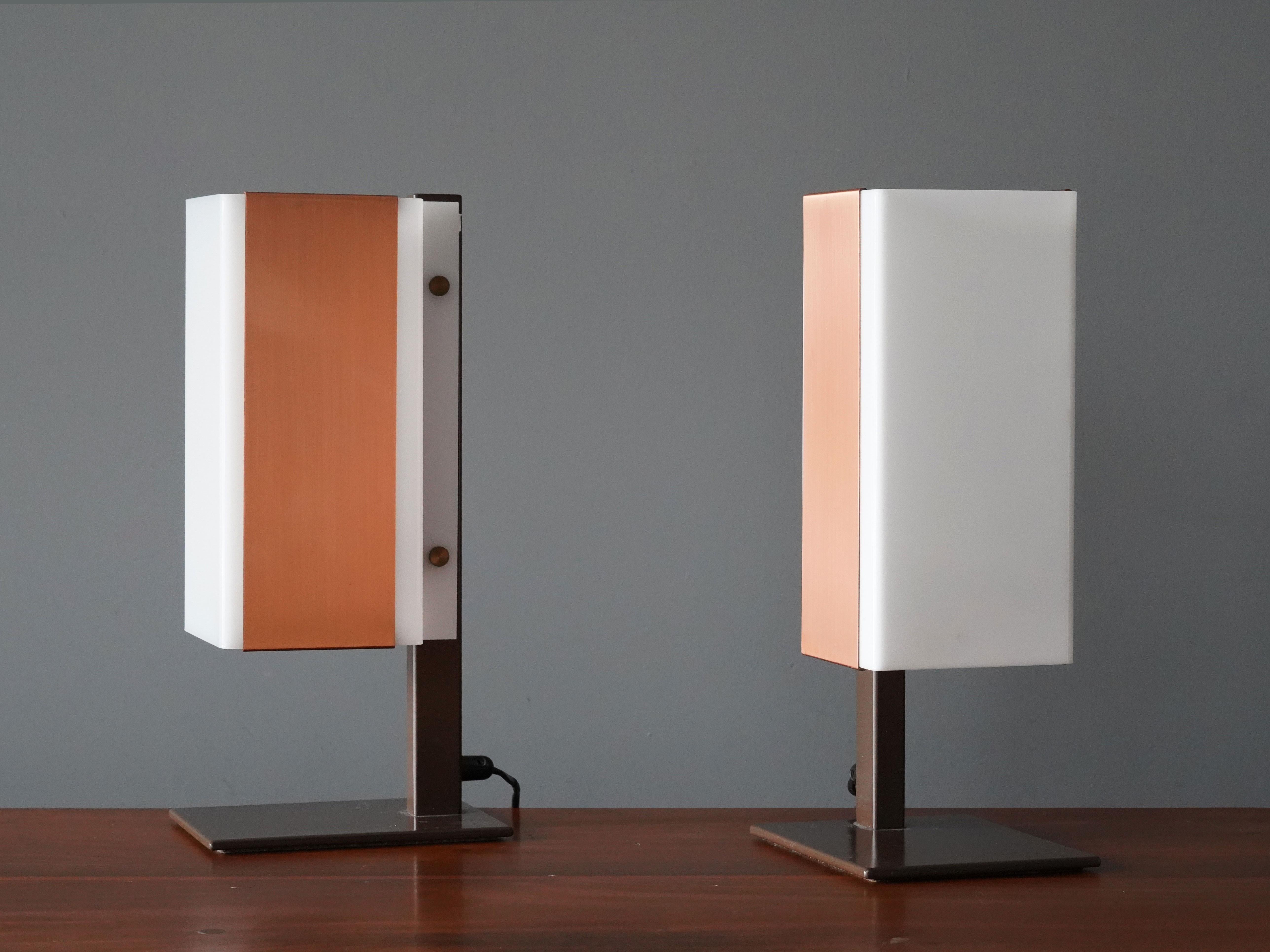 A pair of rare Minimalist table lamps by Lars-Gunnar Nordström for Metallimestarit, Finland, 1970s. In brown lacquered metal, copper and acrylic,

Other designers of the period include Paavo Tynell, Lisa Johansson-Pape, Serge Mouille, Gino