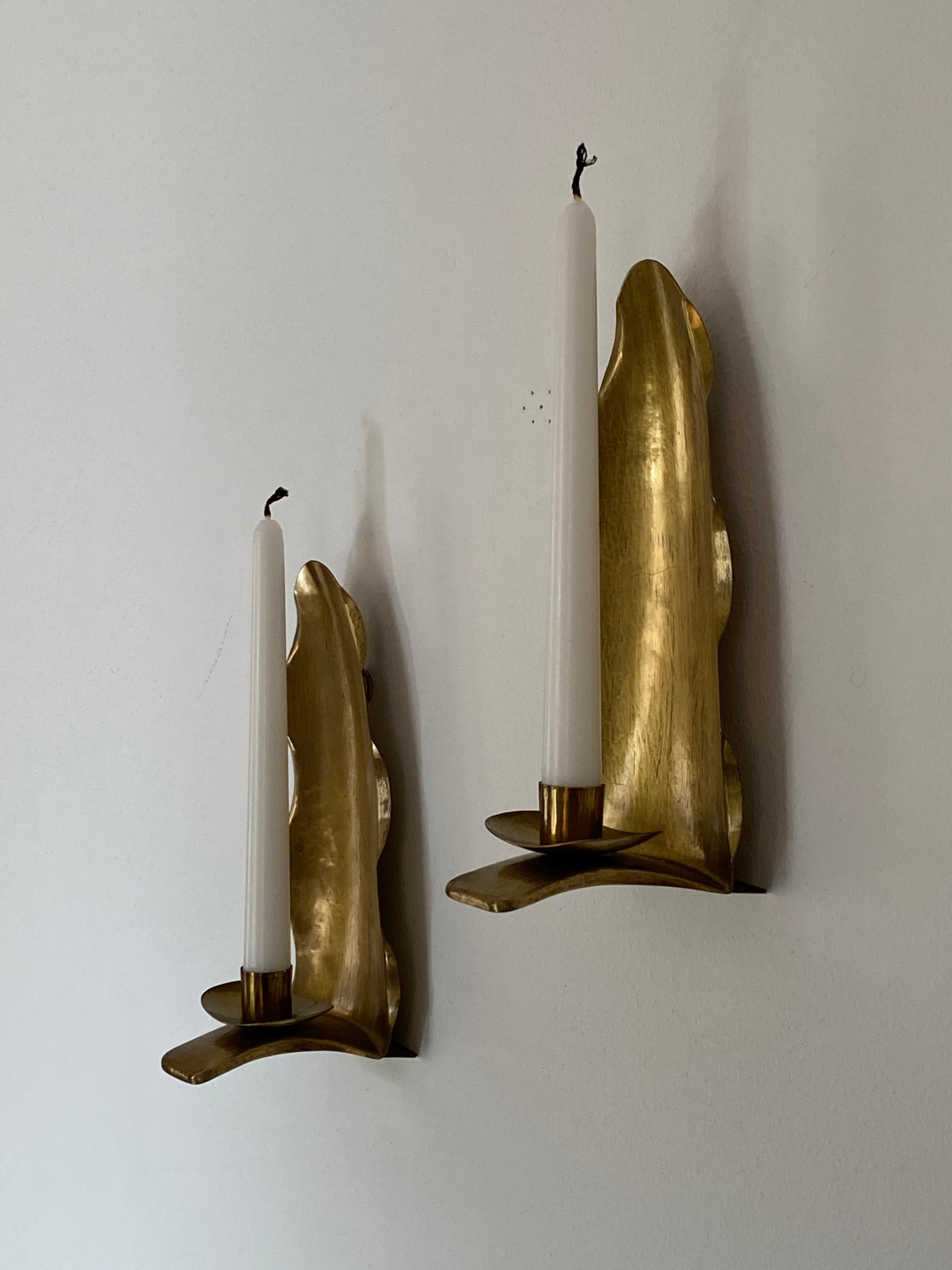 Swedish Lars Holmström 'Attribution', Organic Candle Sconces, Brass, Sweden, 1940s