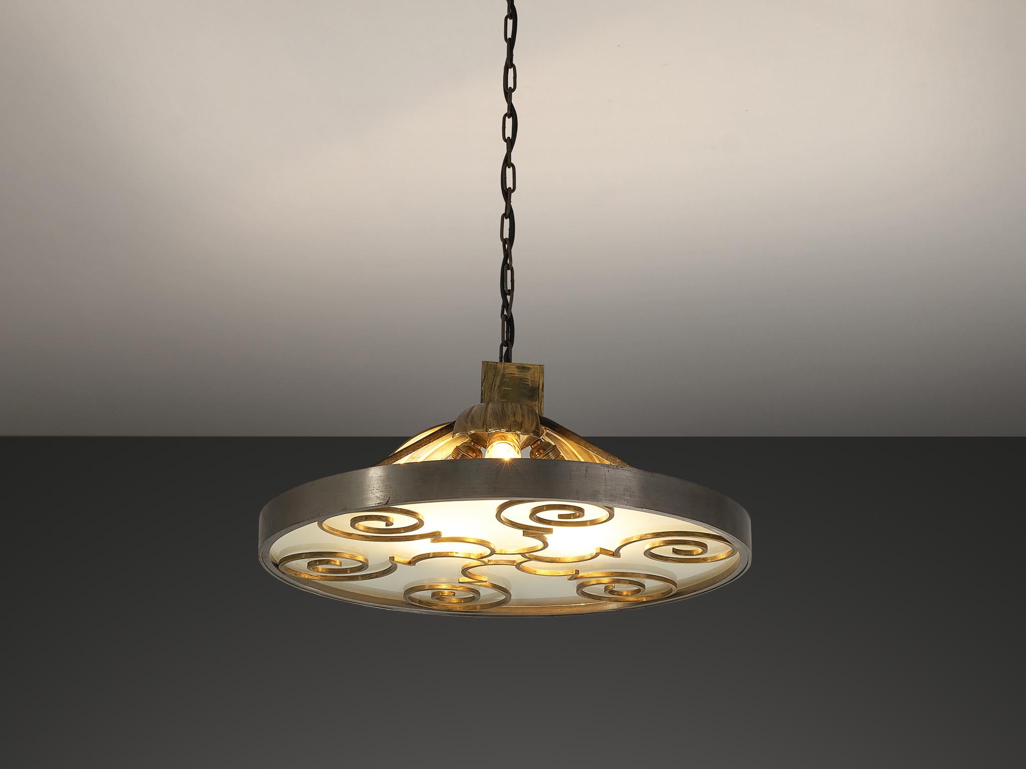 Lars Holmström for Arvika Konsthantverk, ceiling light, brass, brushed steel, glass, Sweden, 1930s

This stunning plafoniere, a true testament to Holmström's craftsmanship, is a blend of brass, steel, and glass, epitomizing the elegance and