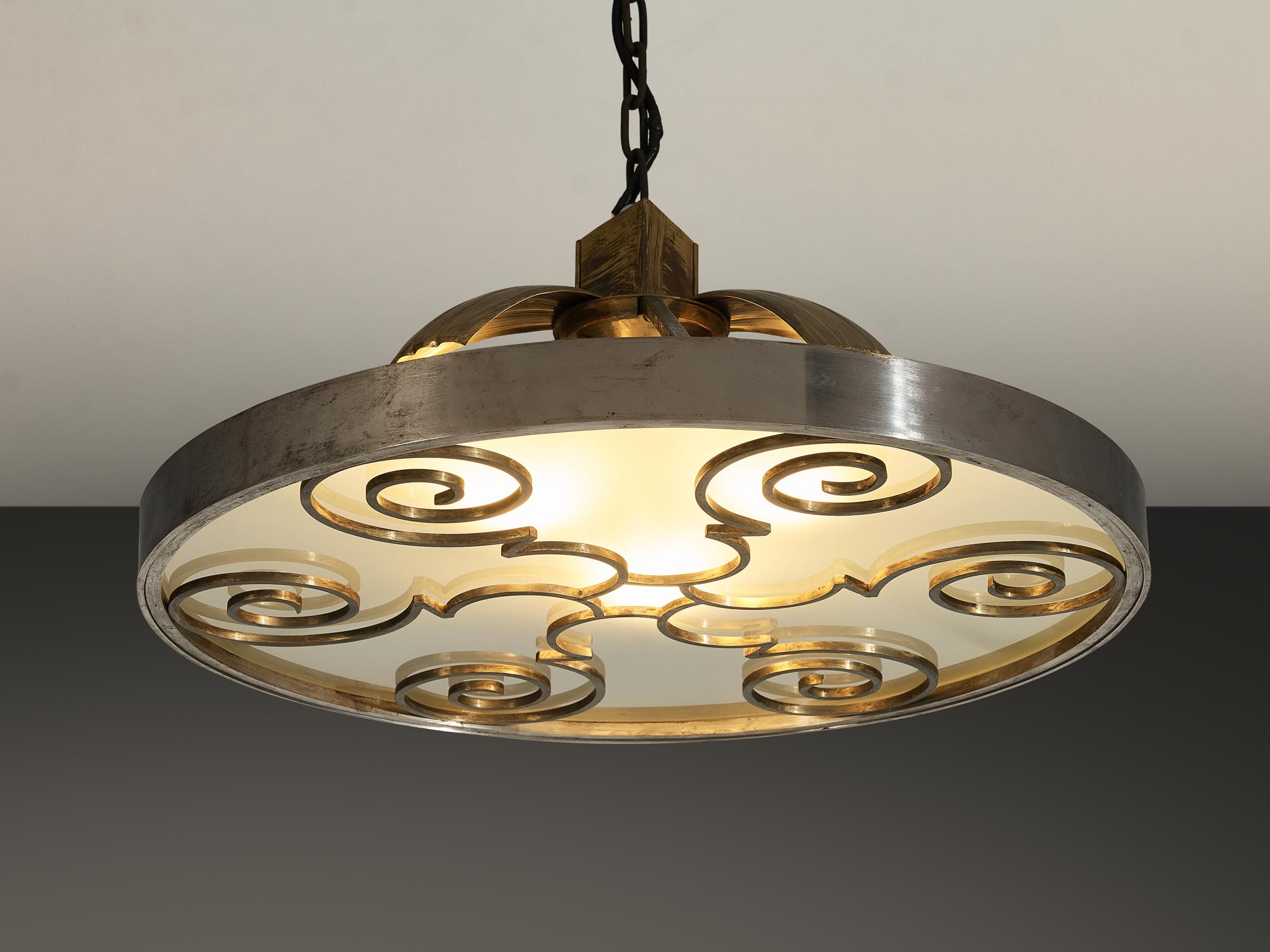 Lars Holmström for Arvika Konsthantverk, ceiling light, brass, brushed steel, matt glass, Sweden, 1930s

This stunning plafoniere, a true testament to Holmström's craftsmanship, is a blend of brass, steel, and glass, epitomizing the elegance and