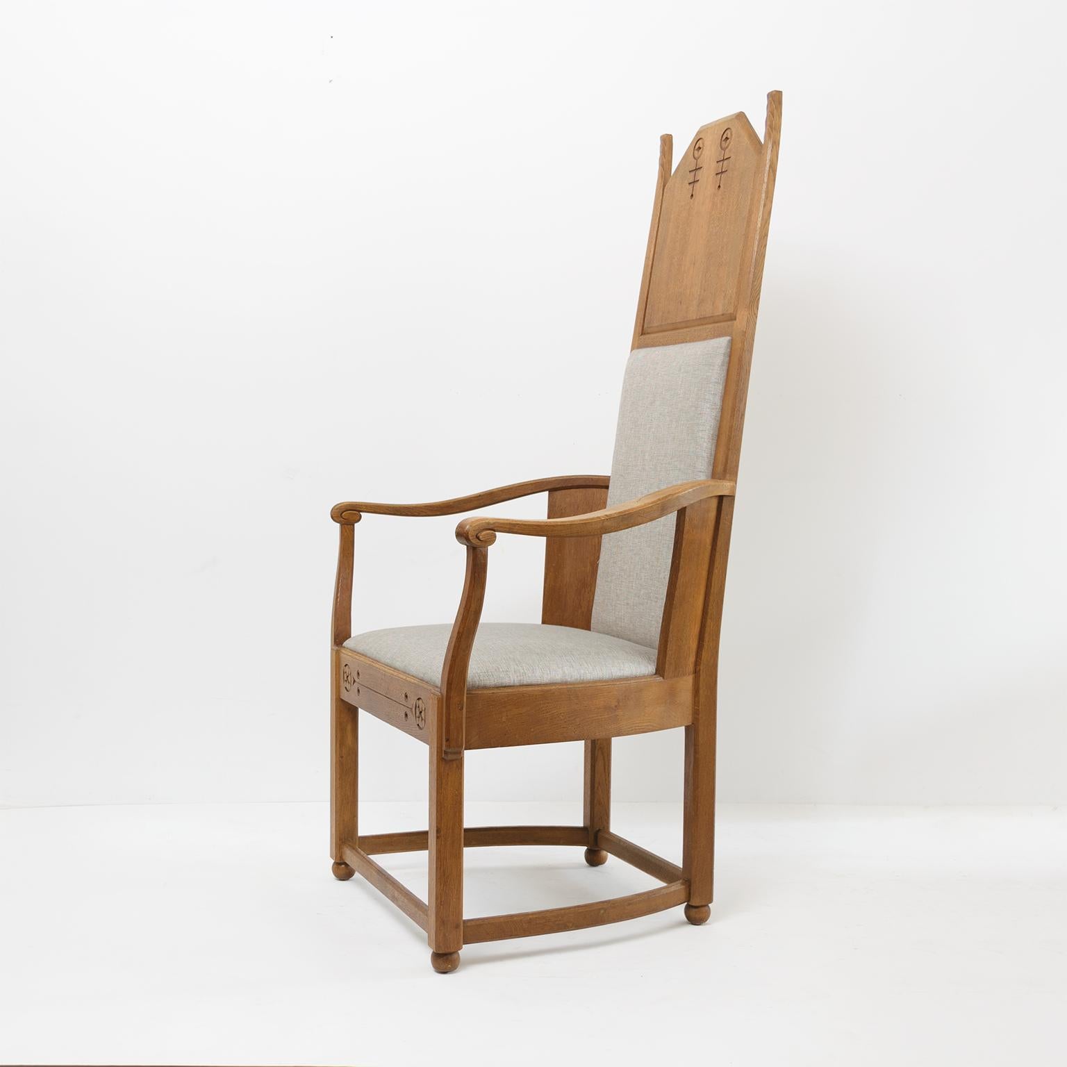 Hand-Carved Lars Israel Wahlman Designed High Back Oak Swedish Arts & Crafts Armchairs For Sale