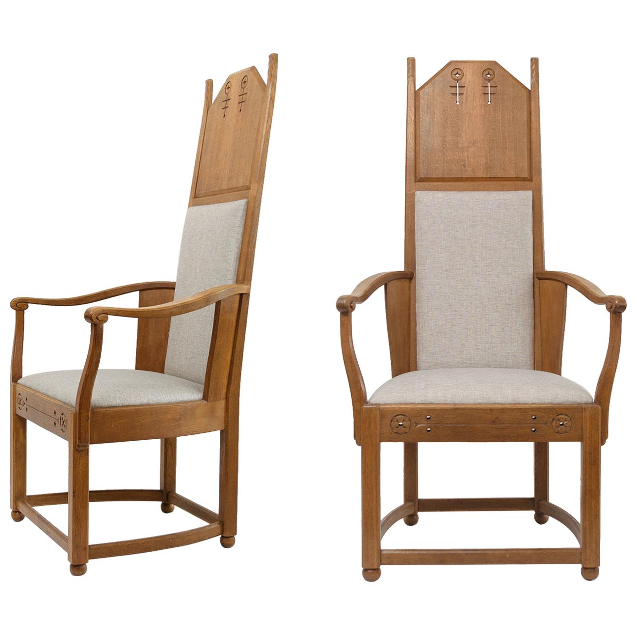 Lars Israel Wahlman Designed High Back Oak Swedish Arts & Crafts Armchairs For Sale