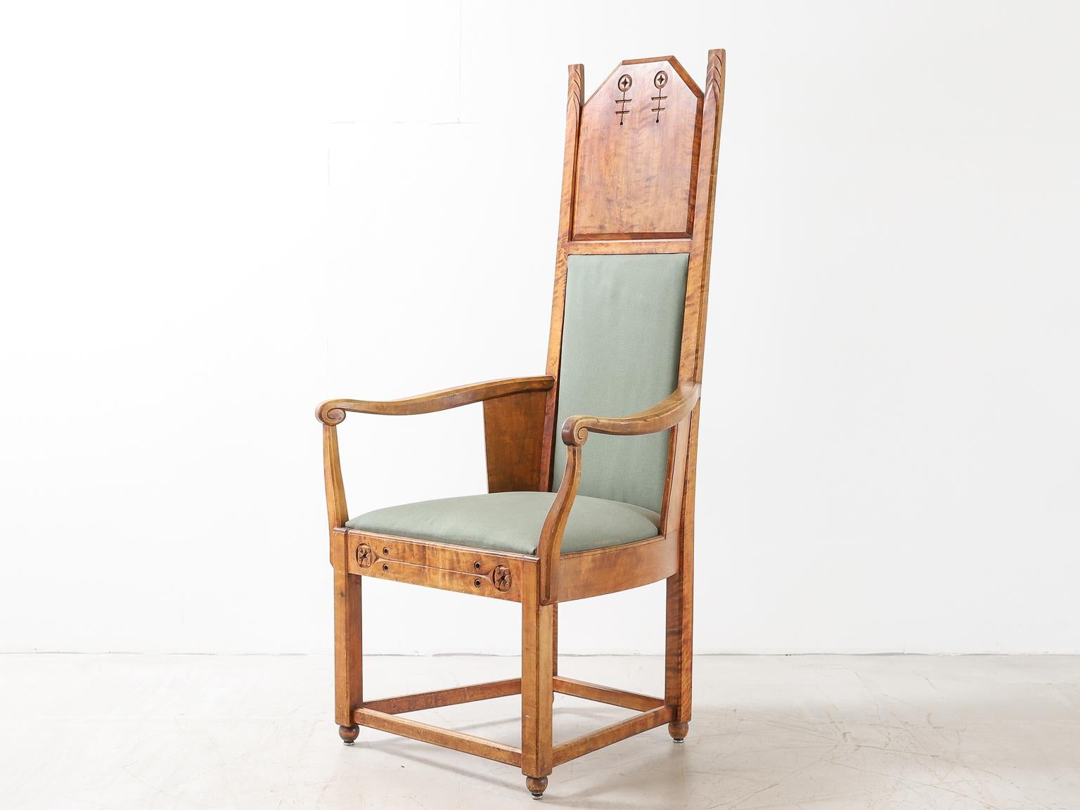 A architecturally shaped Arts & Crafts armchair designed by Lars Israël Wahlman, one of Sweden’s leading architects and designers of the early 20th Century. He worked in what was termed the ‘National Romantic Style’ which drew inspiration from the