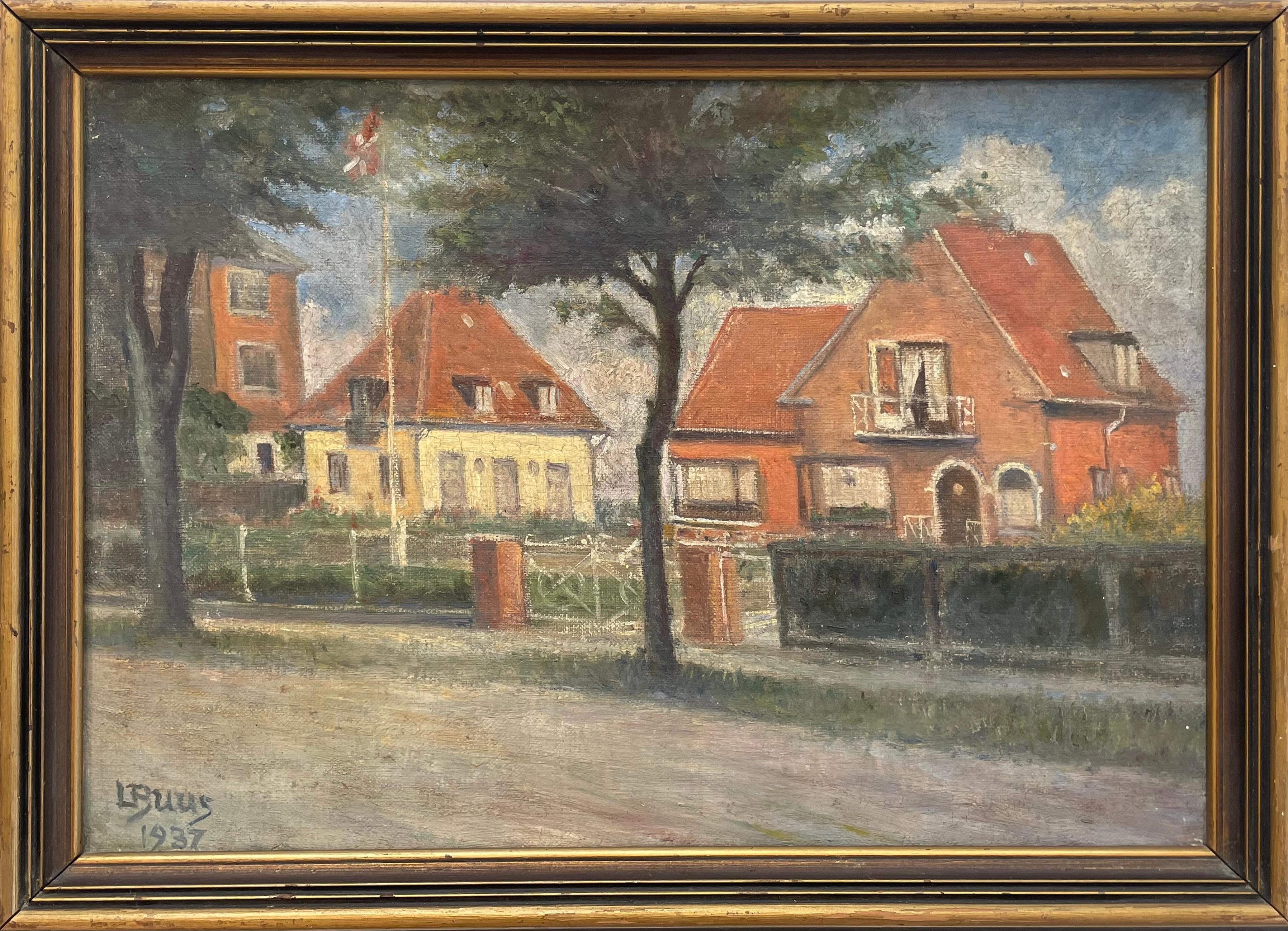 Dipinto danese originale d'epoca a olio su tela del 1937 dell'artista Lars Knudsen Buus (1874-1947).

Lars Buus era un rinomato pittore residente nell'area di Middelfart, in Fionia, noto soprattutto per i suoi dipinti marittimi. Questo motivo,