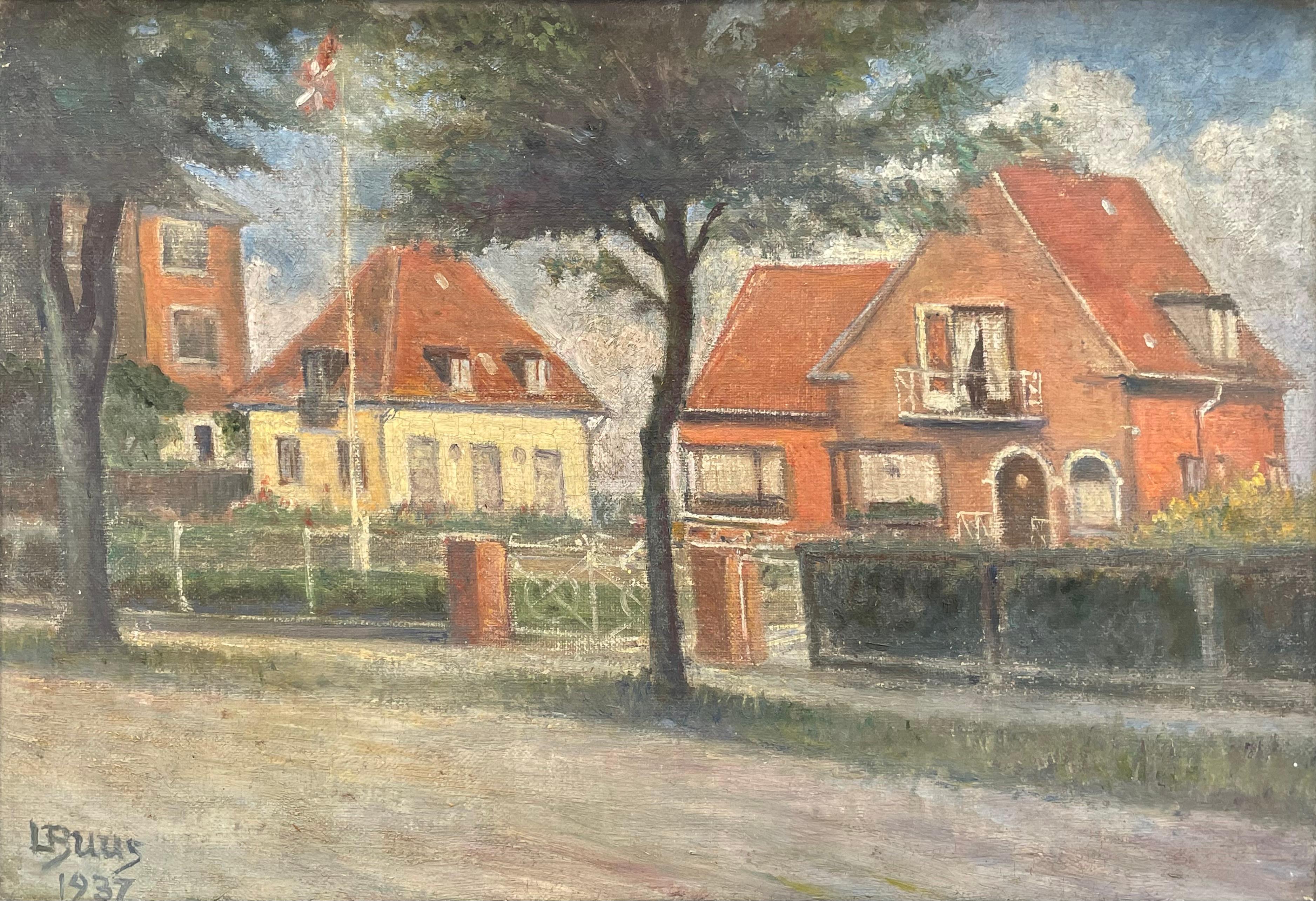 Mid-Century moderno Lars Knudsen Buus (1874-1947) dipinto ad olio di case classiche danesi degli anni '30 in vendita