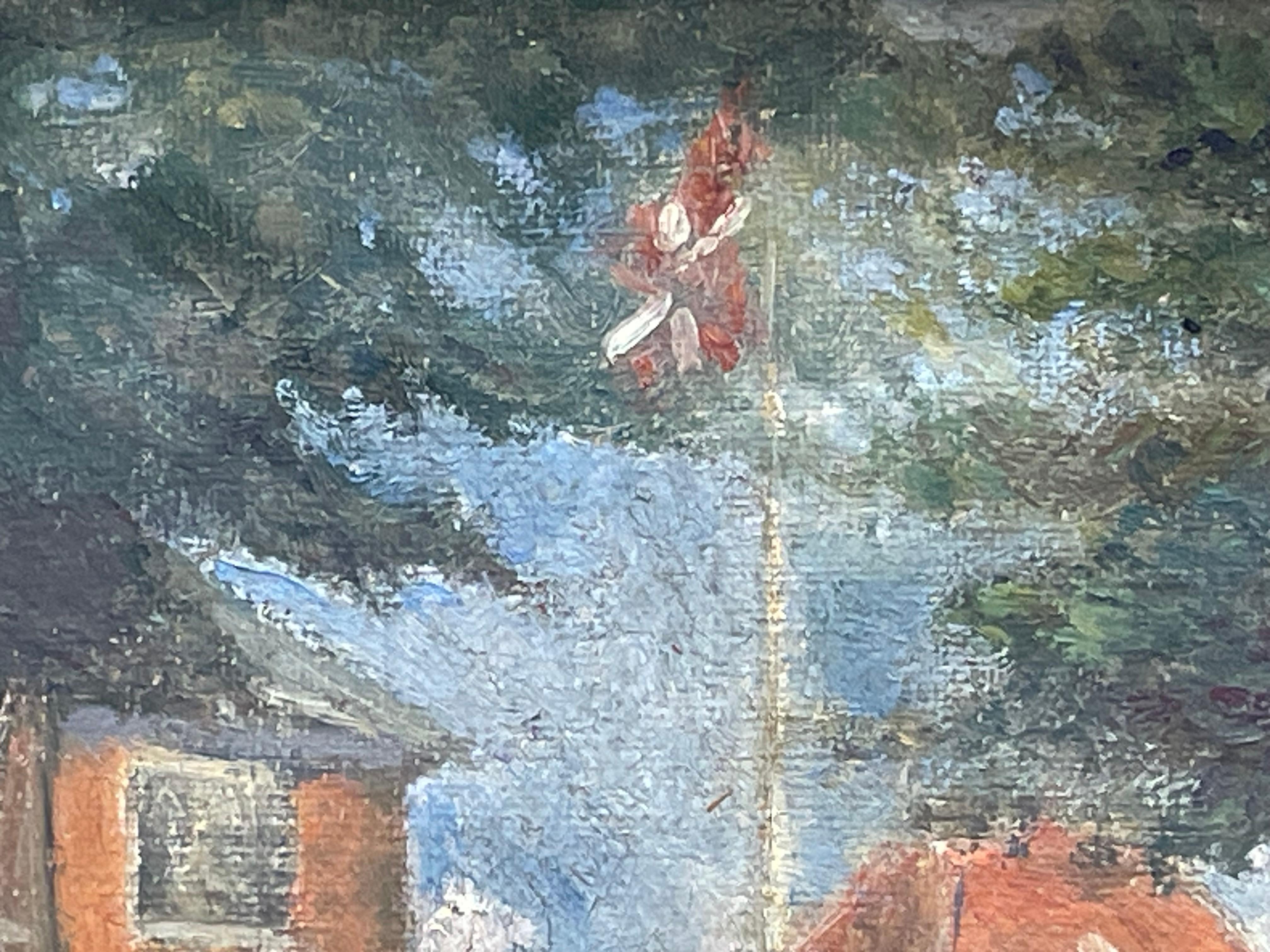 Dipinto a mano Lars Knudsen Buus (1874-1947) dipinto ad olio di case classiche danesi degli anni '30 in vendita