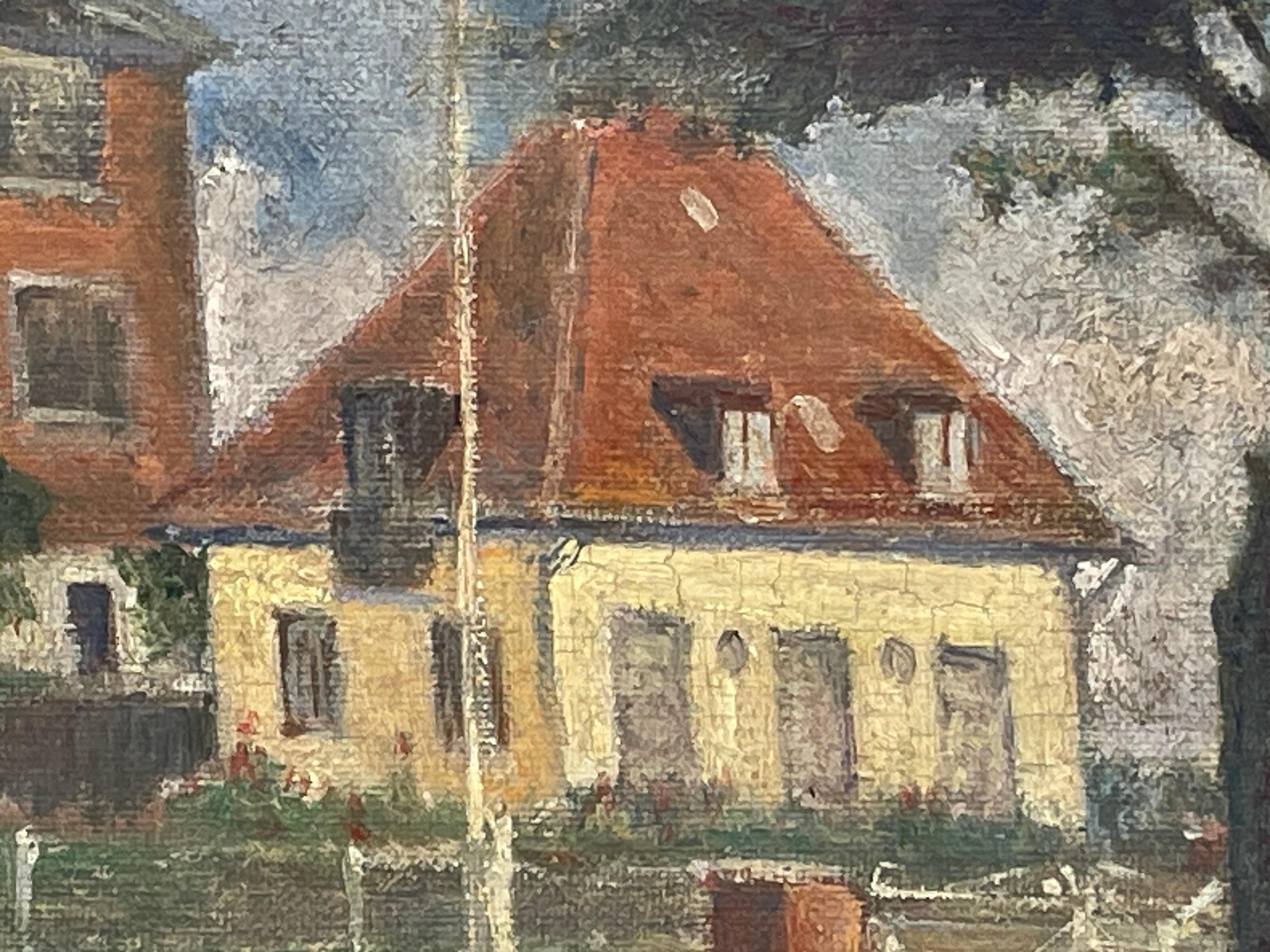 Lars Knudsen Buus (1874-1947) dipinto ad olio di case classiche danesi degli anni '30 In condizioni buone in vendita a Ebberup, DK