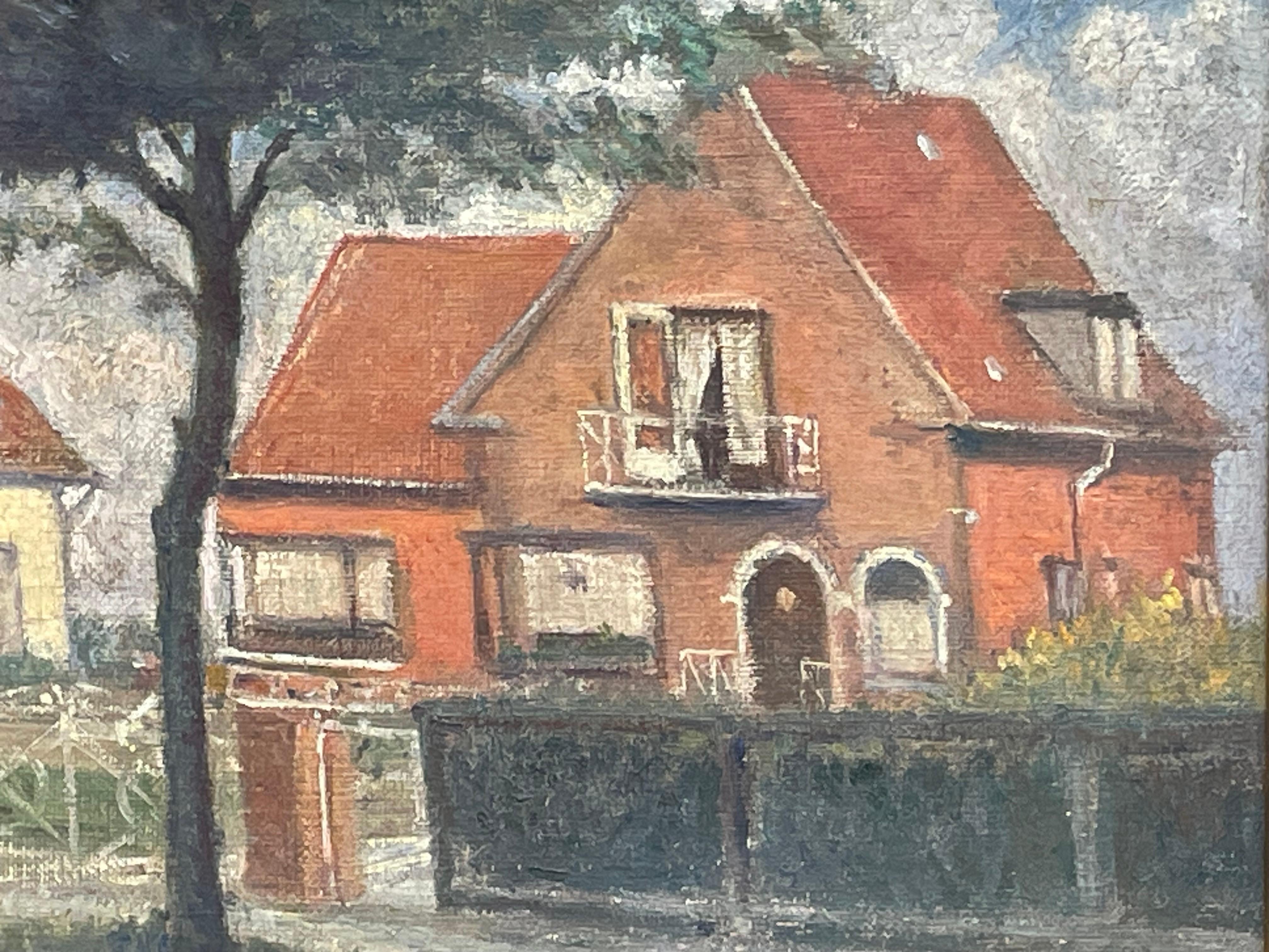 XX secolo Lars Knudsen Buus (1874-1947) dipinto ad olio di case classiche danesi degli anni '30 in vendita