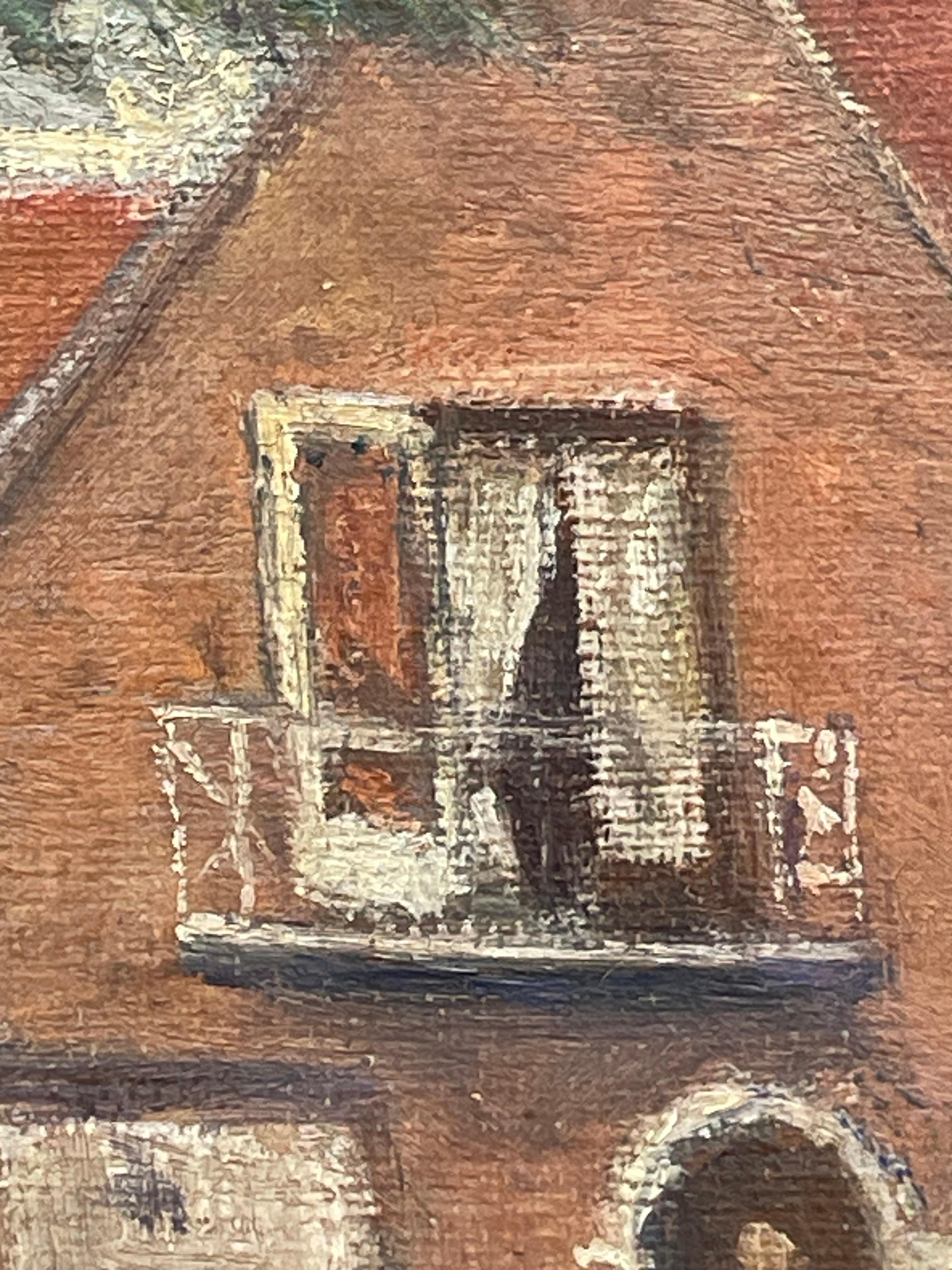 Pittura Lars Knudsen Buus (1874-1947) dipinto ad olio di case classiche danesi degli anni '30 in vendita