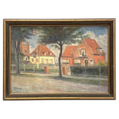 Lars Knudsen Buus (1874-1947) dipinto ad olio di case classiche danesi degli anni '30