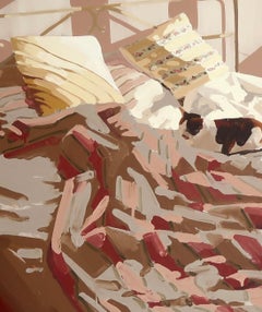 Sun- 21st Century Contemporary Dutch  Still-life Painting of a bed with cat