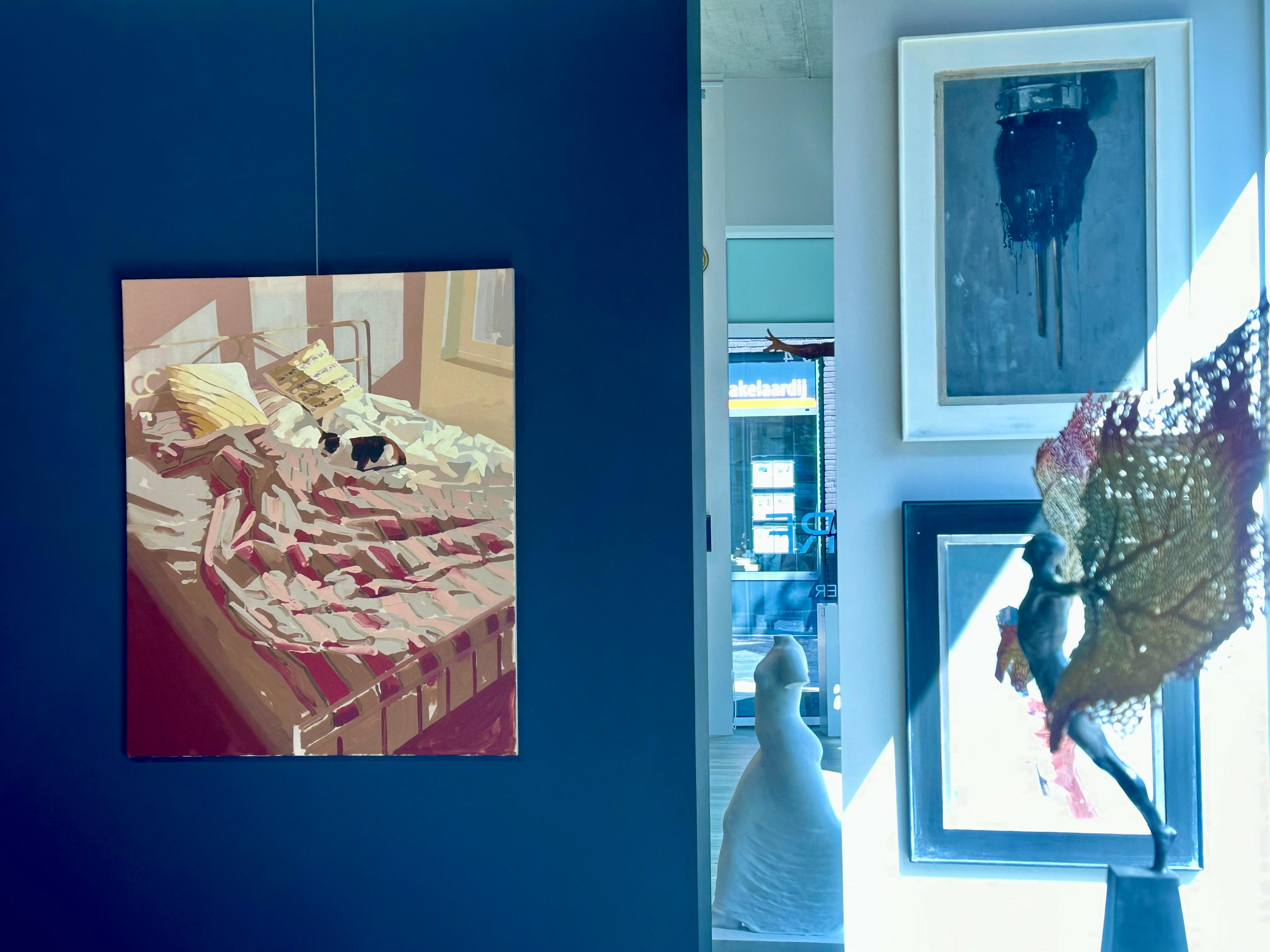 Sun- 21° secolo olandese contemporaneo  Still-life Pittura di un letto con gatto 1