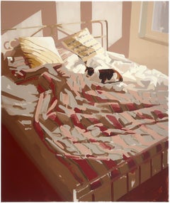 Sun- 21st Century Contemporary Dutch  Still-life Painting of a bed with cat