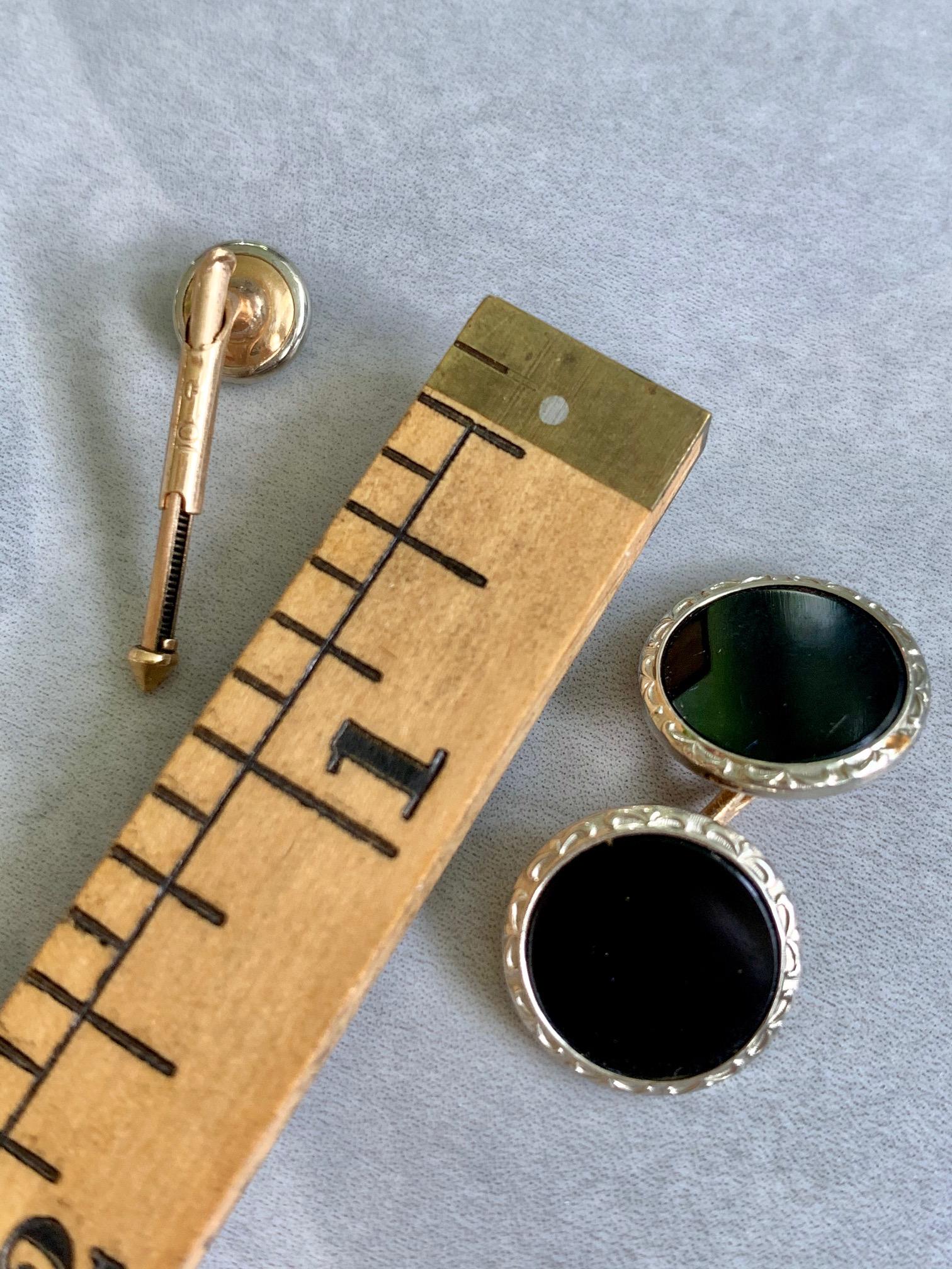 Larter & Son 9 pc Art Deco Onyx 10 Karat Yellow & White Gold Cufflink & Stud Set For Sale 1