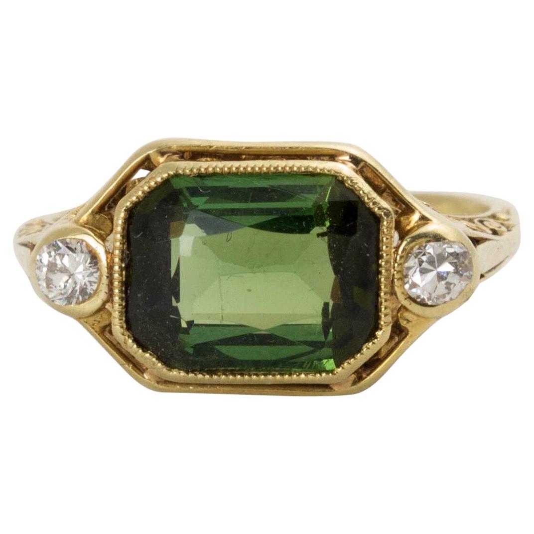Larter & Son Art Deco Green Tourmaline Filigree 18 Karat Gold Diamond Ring