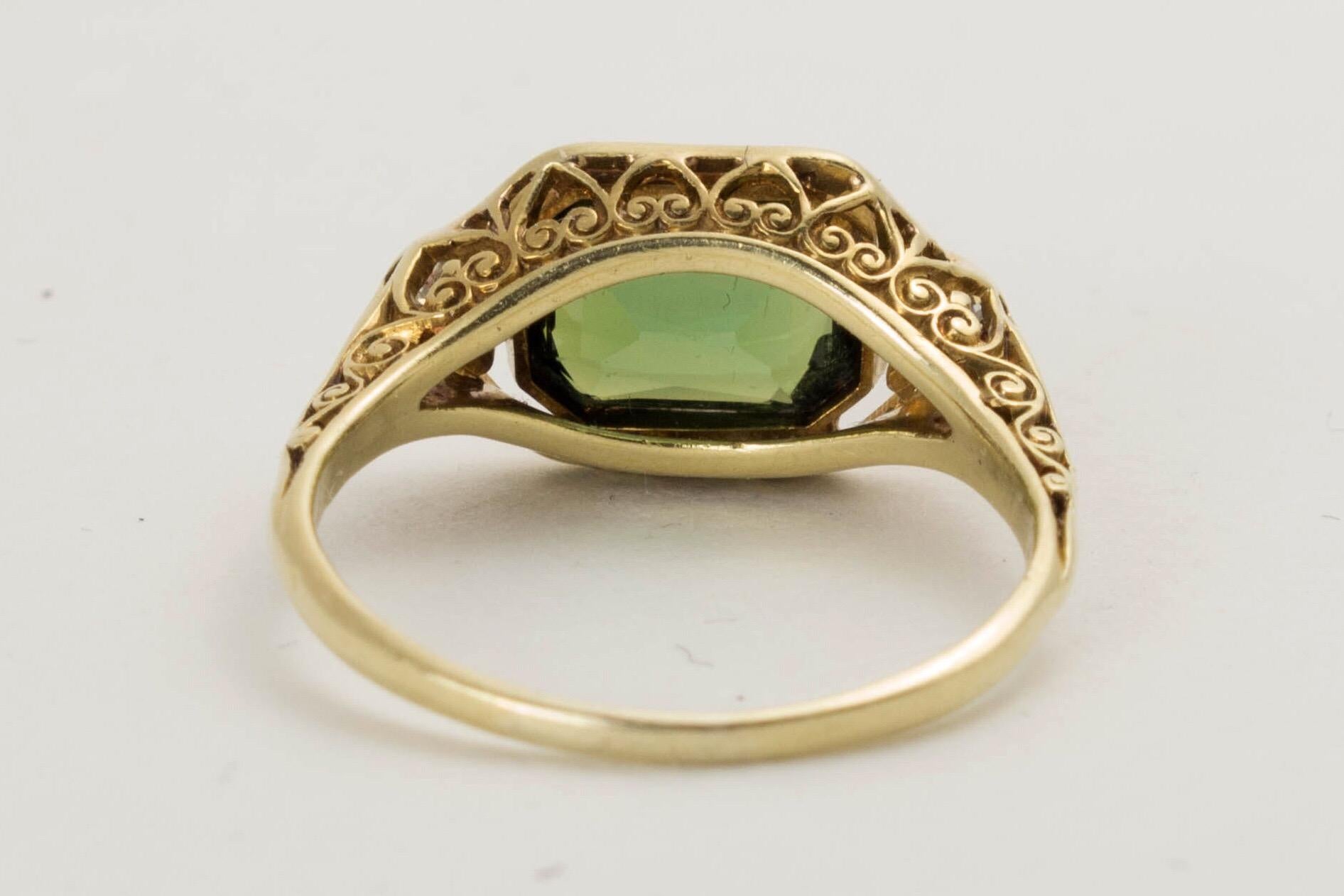 Emerald Cut Larter & Son Art Deco Green Tourmaline Filigree 18 Karat Gold Diamond Ring