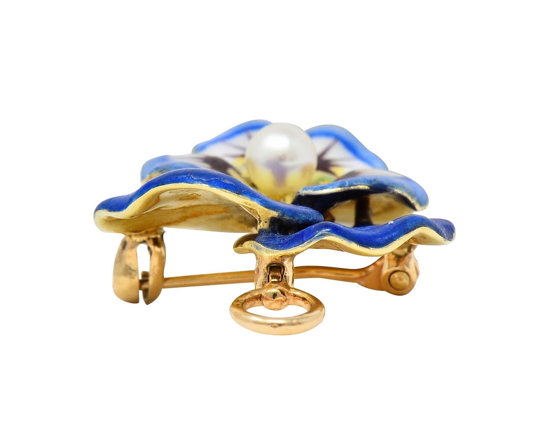 Larter & Son Art Nouveau Enamel Pearl 14 Karat Gold Antique Pansy Pendant Brooch For Sale 5