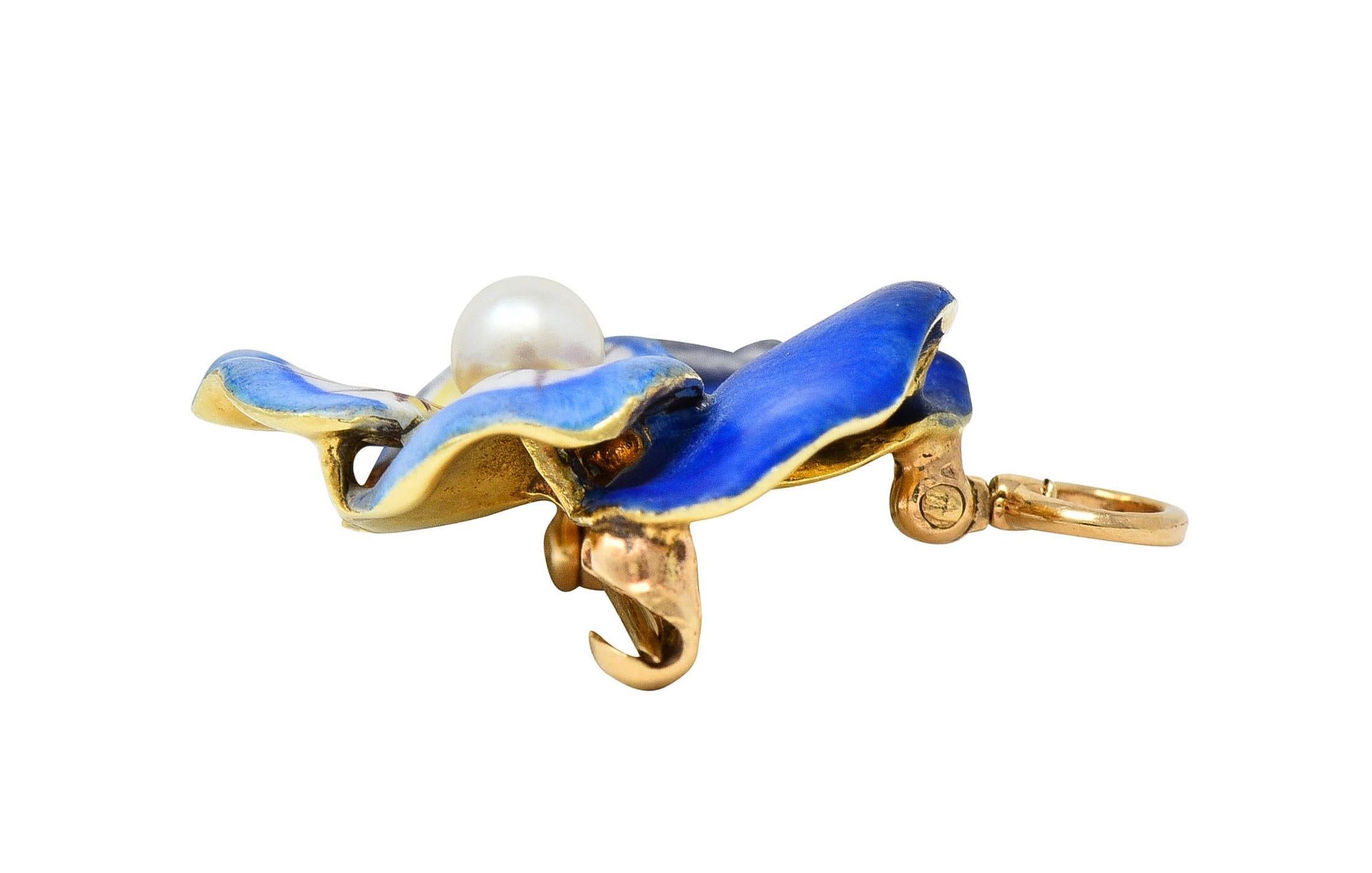 Larter & Son Art Nouveau Enamel Pearl 14 Karat Gold Antique Pansy Pendant Brooch For Sale 6