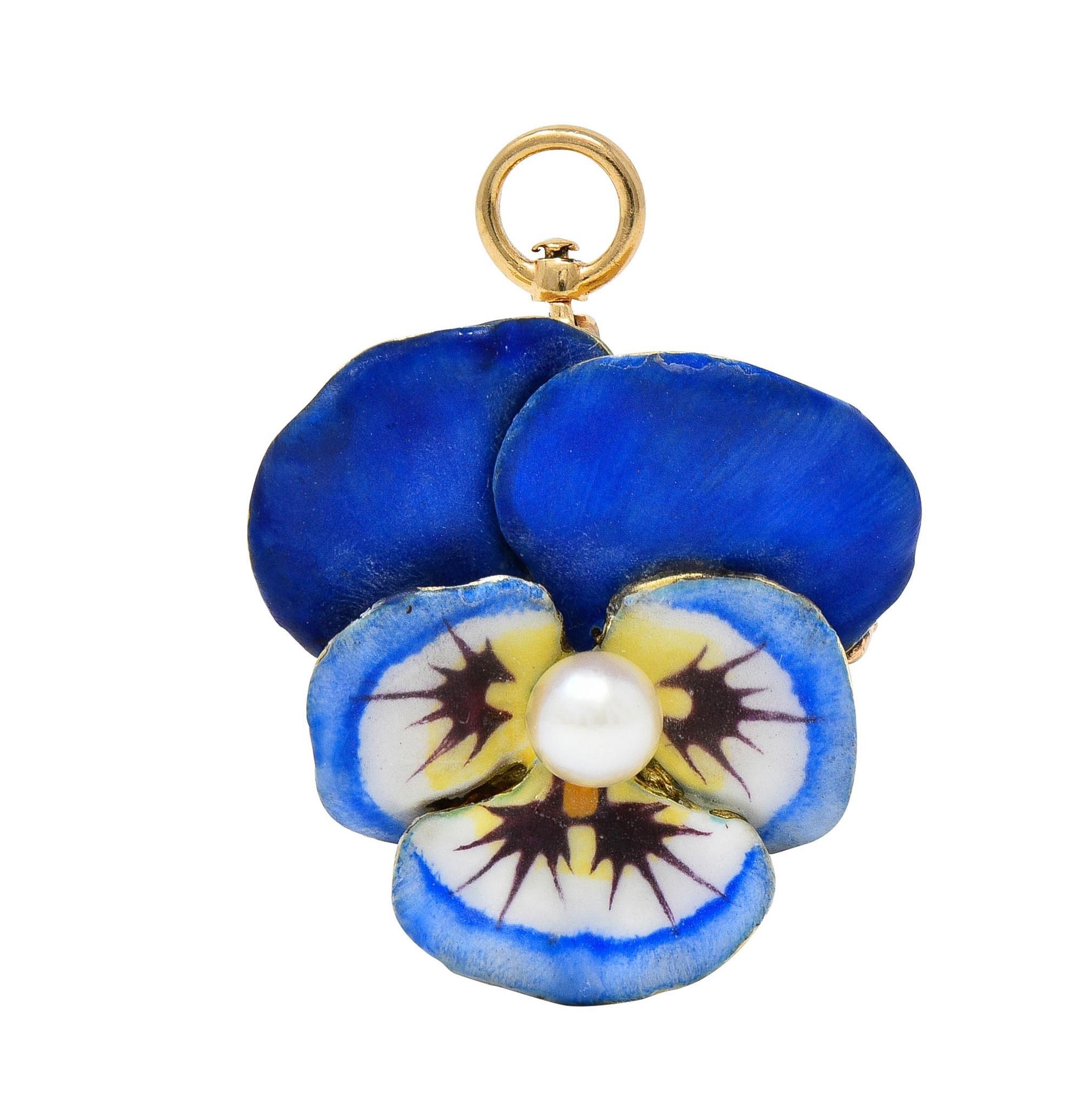 Larter & Son, broche pendentif art nouveau pansy ancienne en or 14 carats, émail et perles en vente 6