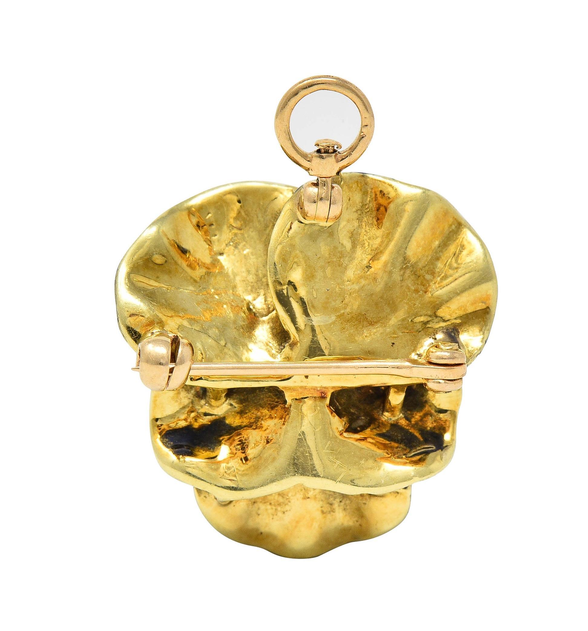 Taille ronde Larter & Son, broche pendentif art nouveau pansy ancienne en or 14 carats, émail et perles en vente