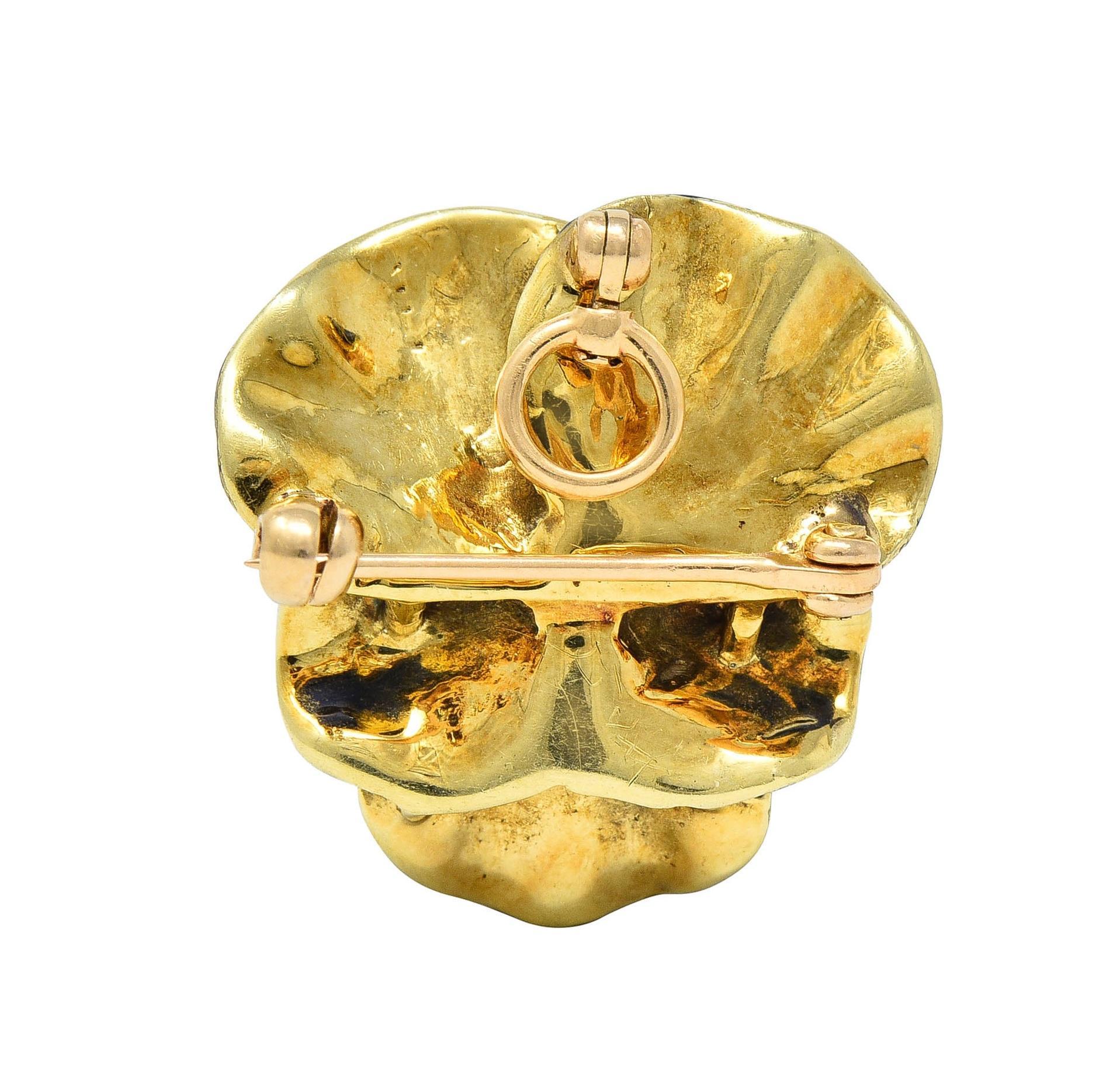 Women's or Men's Larter & Son Art Nouveau Enamel Pearl 14 Karat Gold Antique Pansy Pendant Brooch For Sale