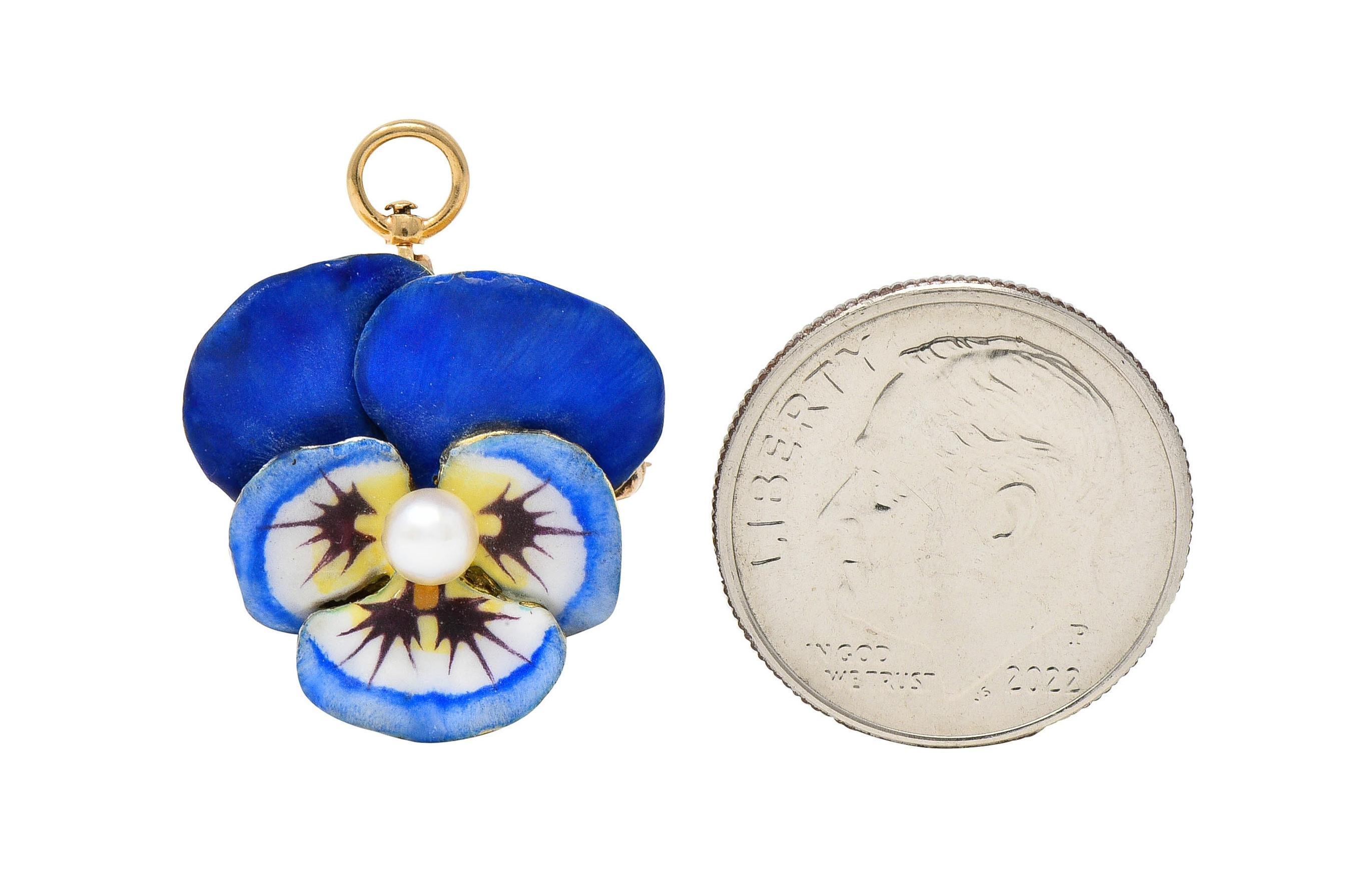 Larter & Son, broche pendentif art nouveau pansy ancienne en or 14 carats, émail et perles en vente 2