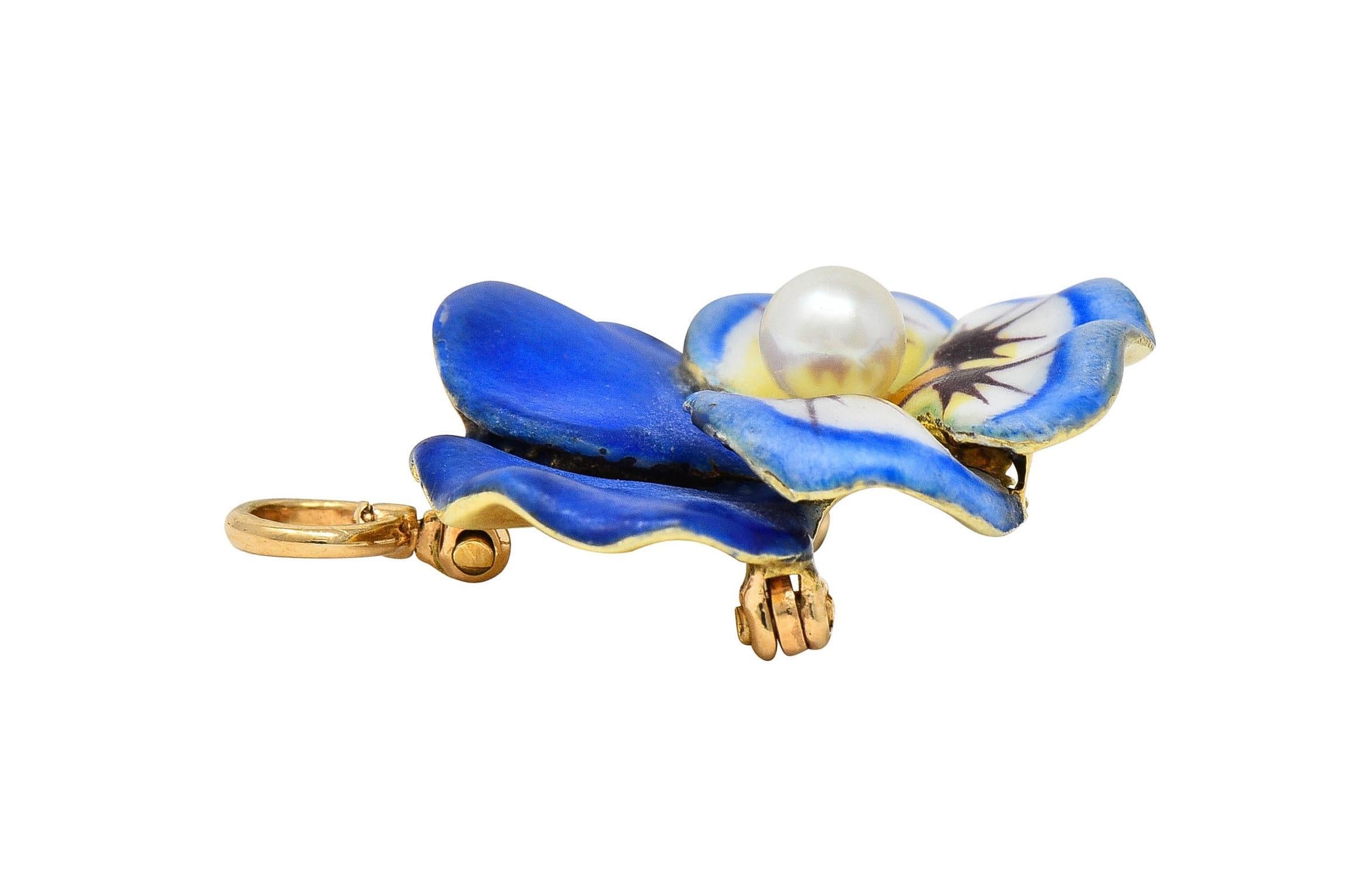Larter & Son Art Nouveau Enamel Pearl 14 Karat Gold Antique Pansy Pendant Brooch For Sale 4