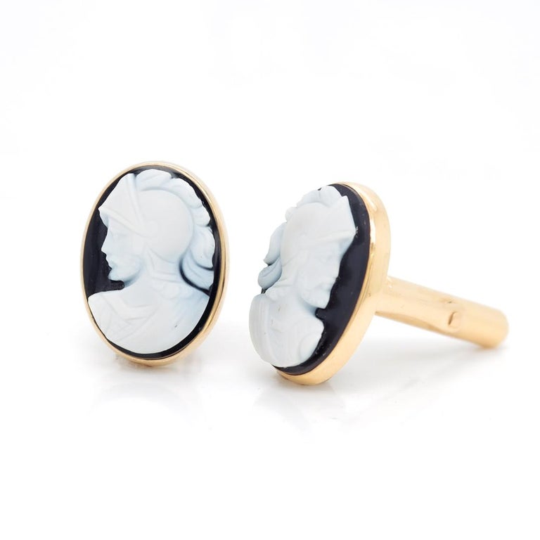 Boutons De Manchette Vintage Or 14 Carats - Motif Soldat Romain Sculpté Sur Onyx Noir - Occasion Très Bon état