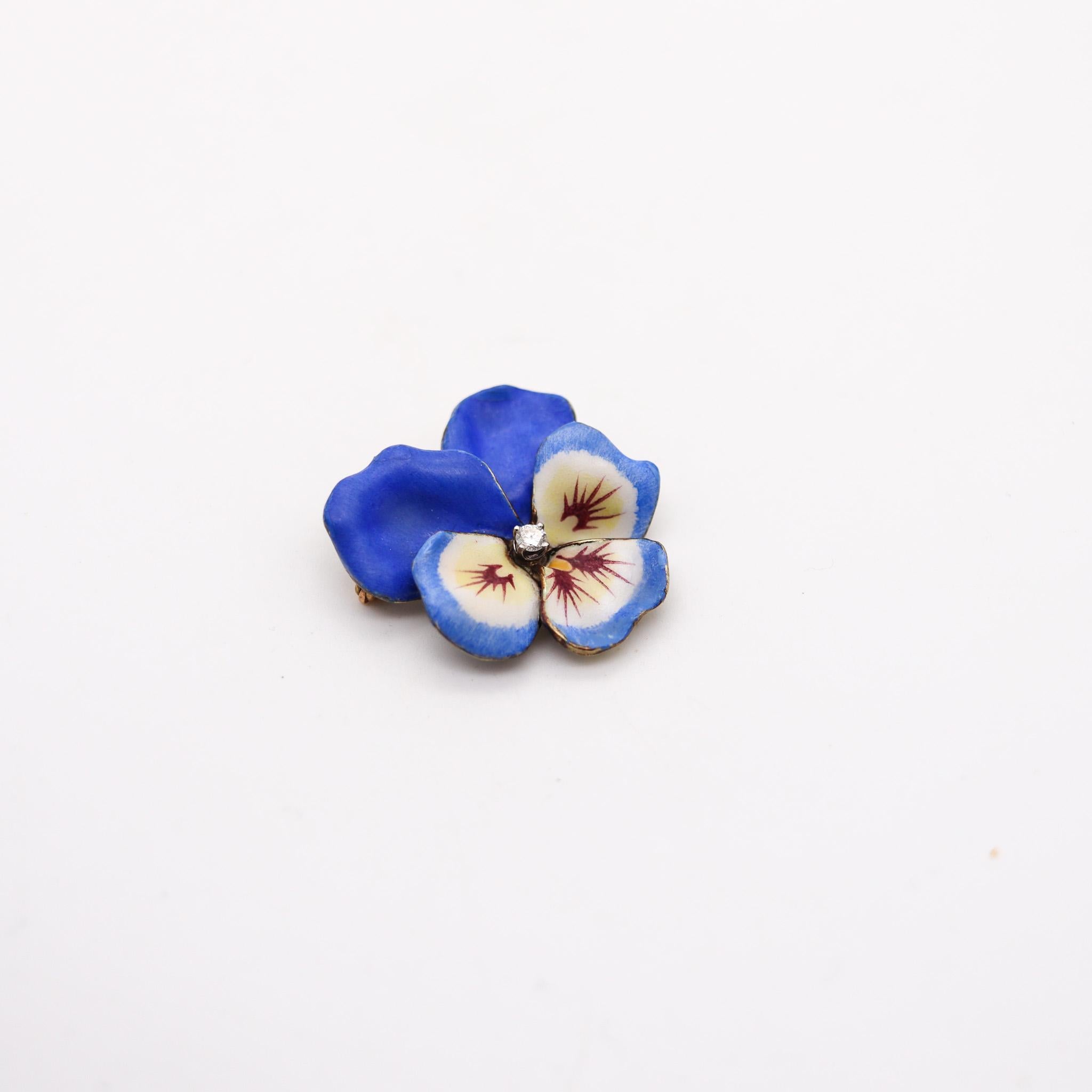 Enameled Pansy flower brooch designed by Larter & Son.

A pristine Edwardian art Nouveau flower brooch, created in Newark New Jersey by the jewelry company of Larter & Sons., back in the 1900. This beautiful brooch has been carefully crafted in