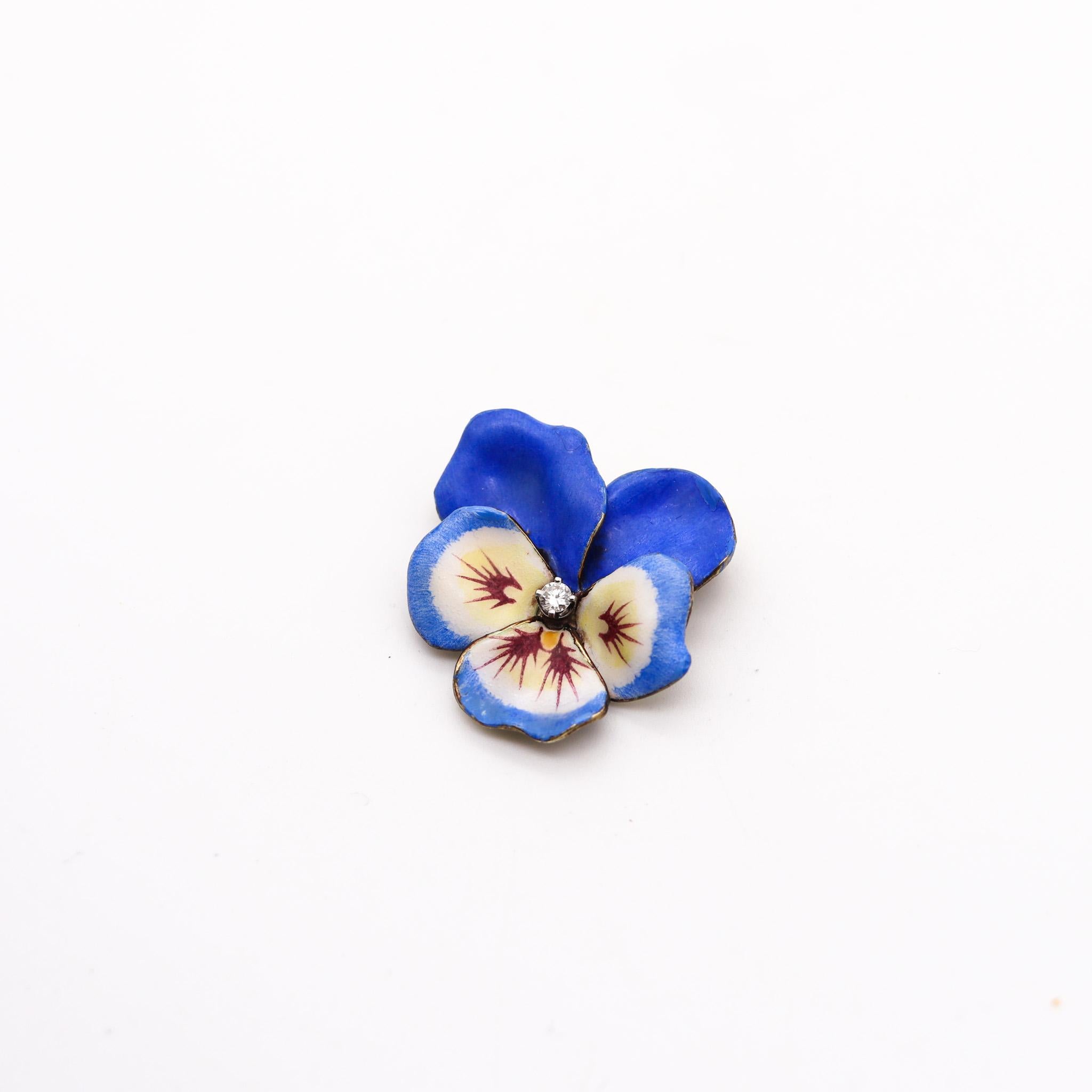 Old European Cut Larter & Sons 1900 Art Nouveau Enameled Pansy Flower Brooch In 14Kt Gold Diamond For Sale