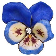 Larter & Sons Broche fleur de pivoine émaillée Art Nouveau 1900 en or 14 carats et diamants