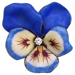 Larter & Sons 1900 Art Nouveau Spilla a forma di fiore di viola smaltato in oro 14Kt con diamanti