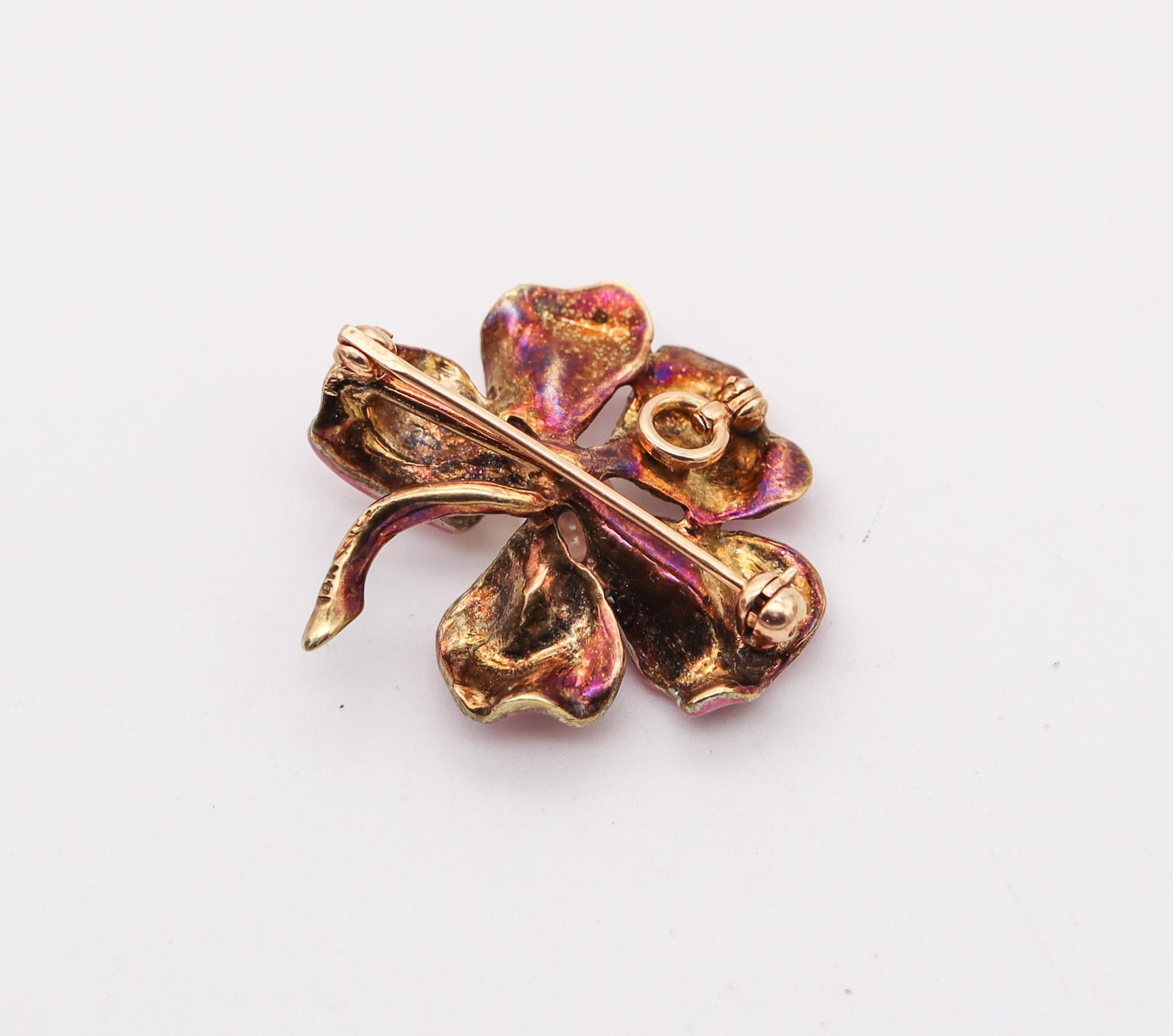 Enameled flower brooch designed by Larter & Son.

An exceptional flower brooch, created in Newark New Jersey by the jewelry company of Larter & Sons., back in the 1900. This versatile beautiful pendant-brooch has been carefully crafted during the