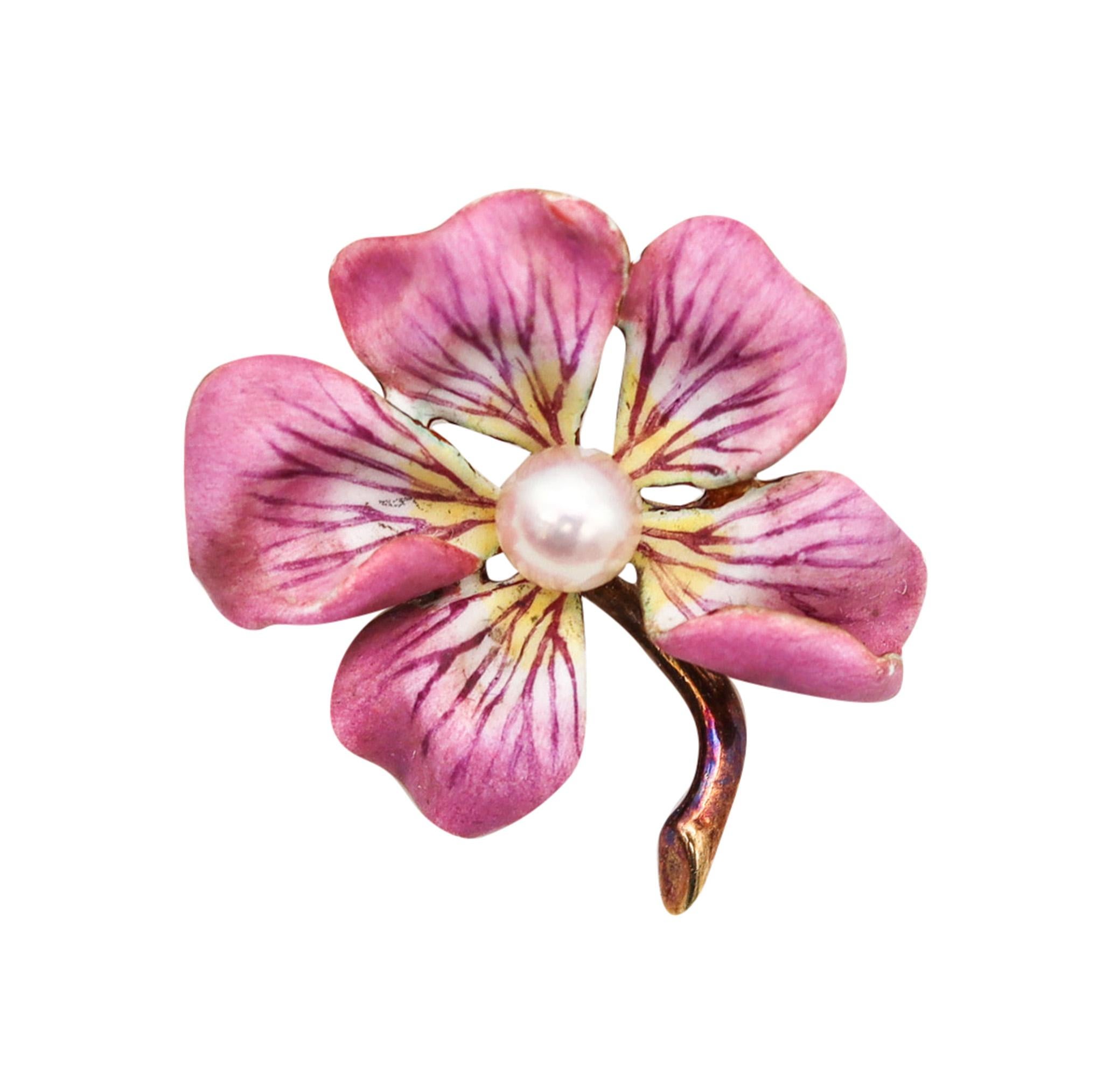 Larter & Sons 1900 Art Nouveau Enameled Pansy Flower Brooch In 14Kt Gold Pearl For Sale