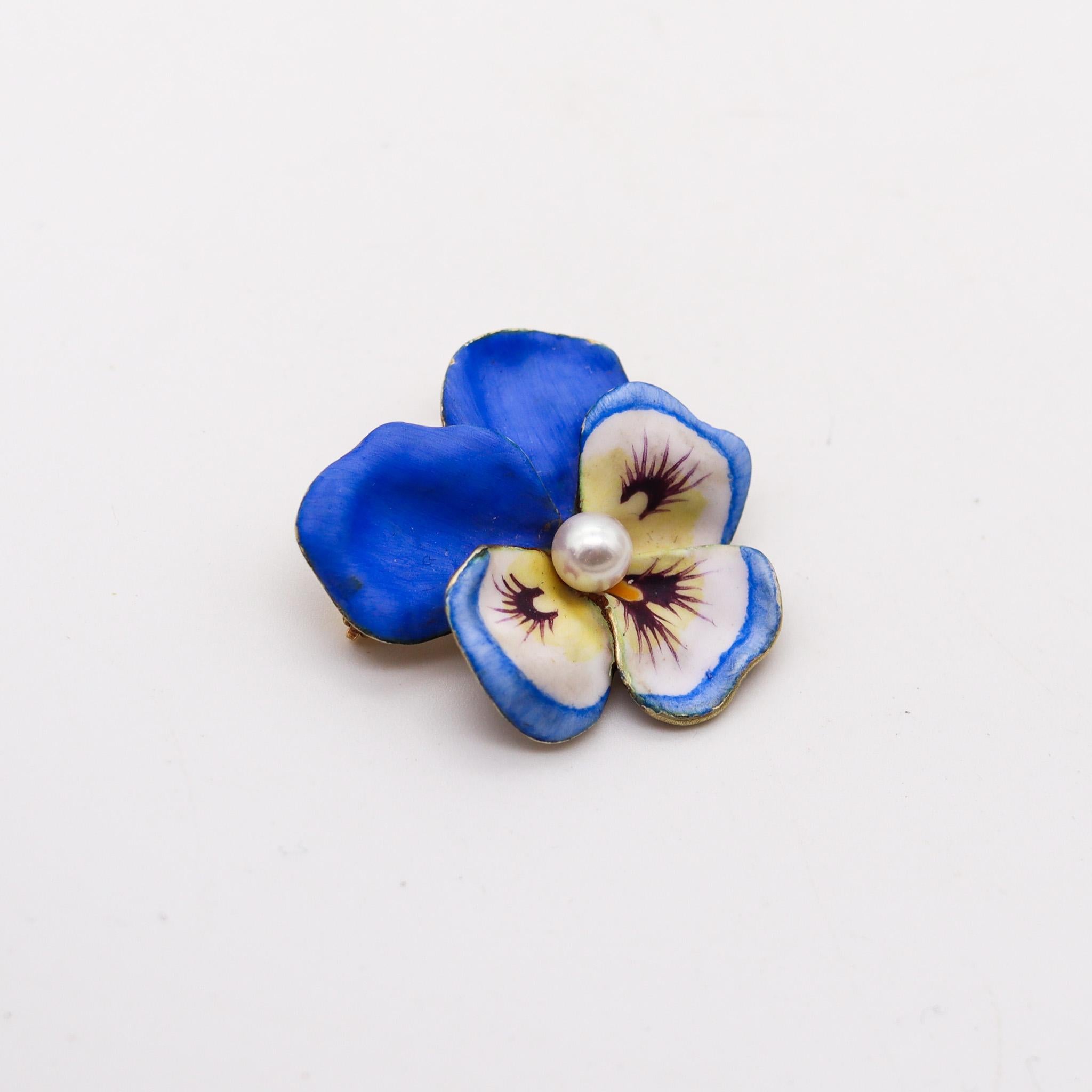 Enameled flower brooch designed by Larter & Son.

A pristine Edwardian art Nouveau flower brooch, created in Newark New Jersey by the jewelry company of Larter & Sons., back in the 1900. This beautiful brooch has been carefully crafted in solid