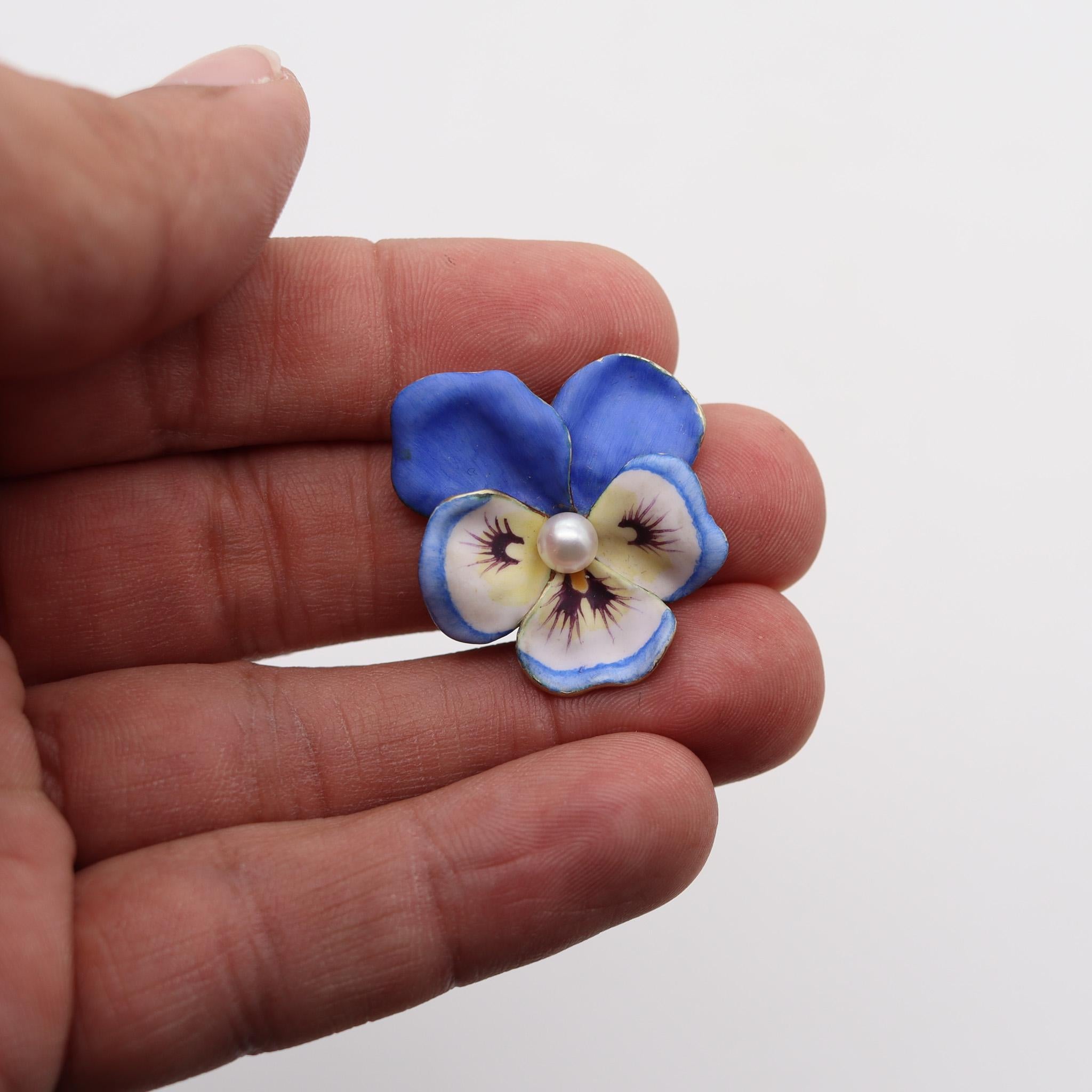 Larter & Sons 1900 Art Nouveau Enameled Pansy Flower Brooch In 14Kt Yellow Gold 1