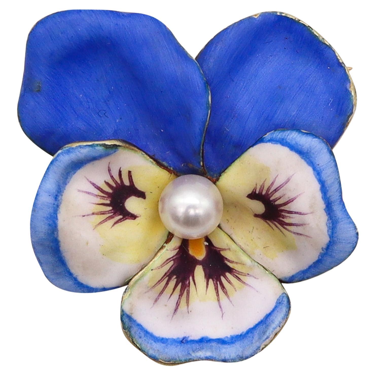 Larter & Sons 1900 Art Nouveau Enameled Pansy Flower Brooch In 14Kt Yellow Gold For Sale