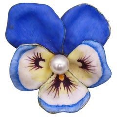 Antique Larter & Sons 1900 Art Nouveau Enameled Pansy Flower Brooch In 14Kt Yellow Gold