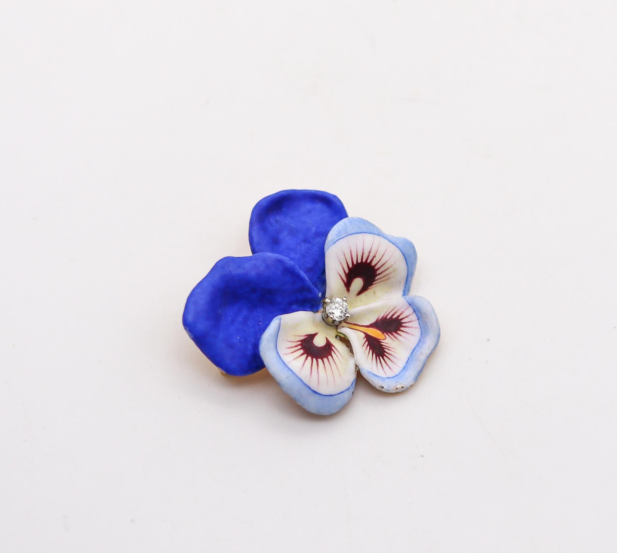 Enameled Pansy flower brooch designed by Larter & Son.

An exceptional and pristine Edwardian art Nouveau flower brooch, created in Newark New Jersey by the jewelry company of Larter & Sons., back in the 1900. This beautiful brooch has been
