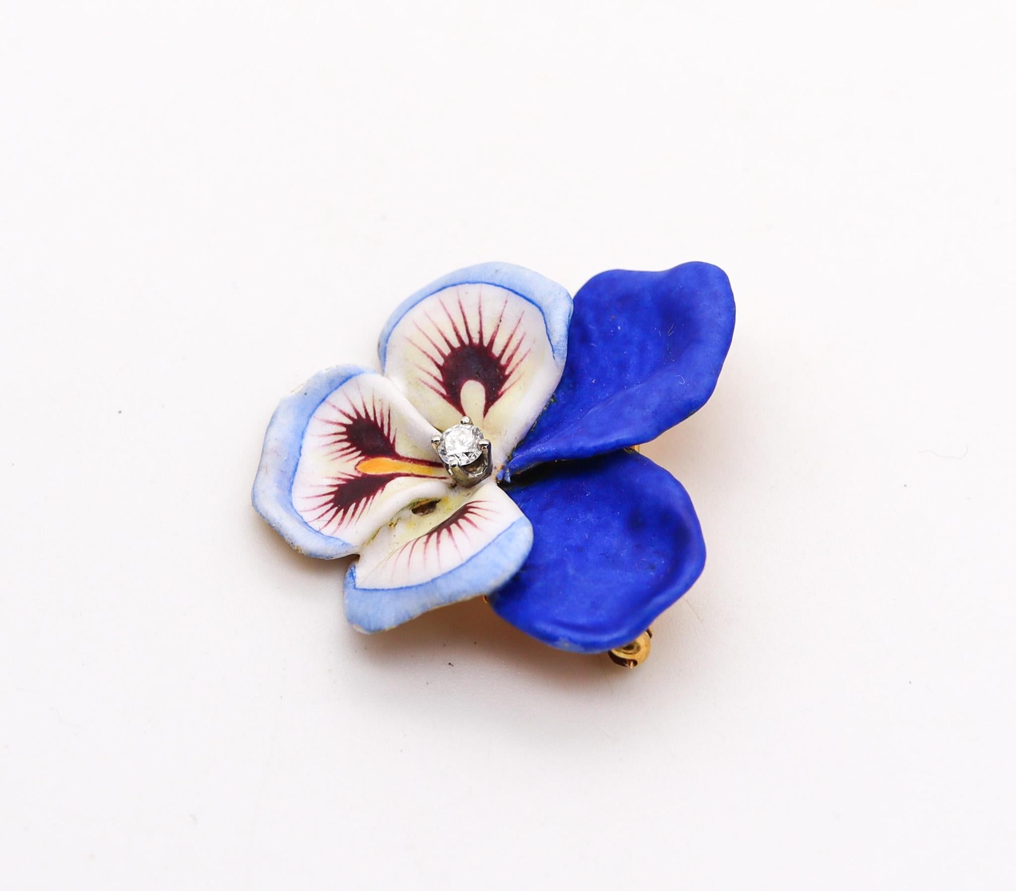 Old European Cut Larter & Sons 1900 Art Nouveau Enameled Pansy Flower Brooch In 18Kt Gold Diamond For Sale